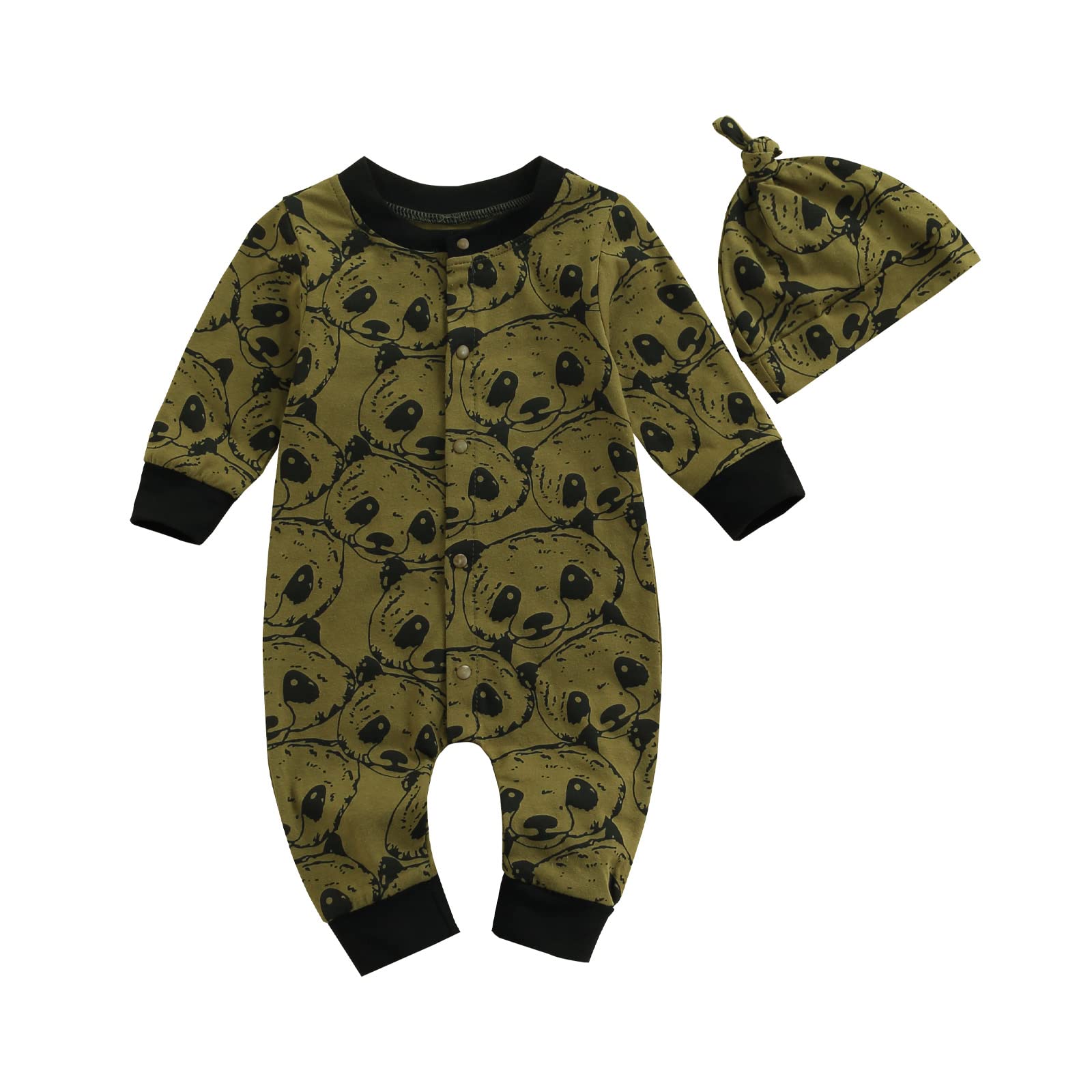 0-18M Newborn Baby Boy Panda Romper Set - Cute Cartoon Button Jumpsuit Outfit for Fall & Winter (2PCS) | Soft Cotton Infant Clothes for Playtime, Family Photos & Daily Wear