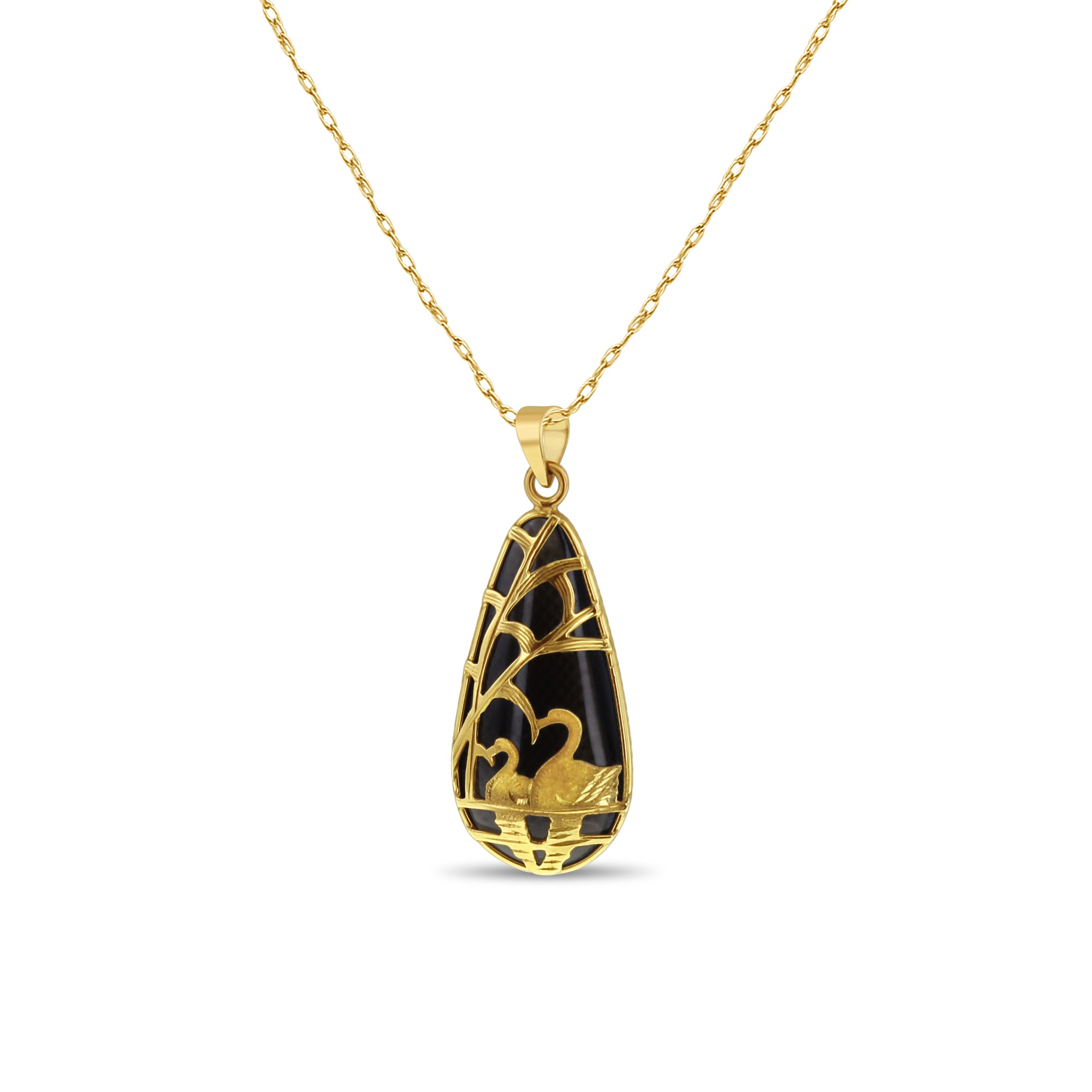 14K Yellow Gold Smoky Quartz Jadeite Swan Pendant Necklace - Elegant Jewelry Gift for Women, Perfect for Weddings, Anniversaries & Special Occasions