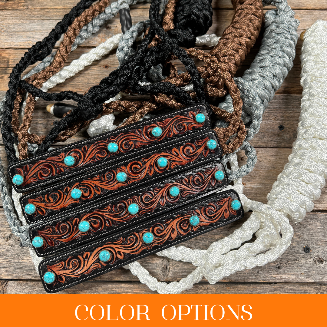 Premium Leather Mule Tape Halter with Turquoise Cabochon Conchos - Western Equestrian Headgear for Horses, Riding & Show Events