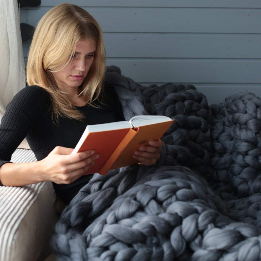 Chunky Knit Throw Blanket - Super Soft Bulky Merino Wool Handmade Oversized Sofa Blanket (47
