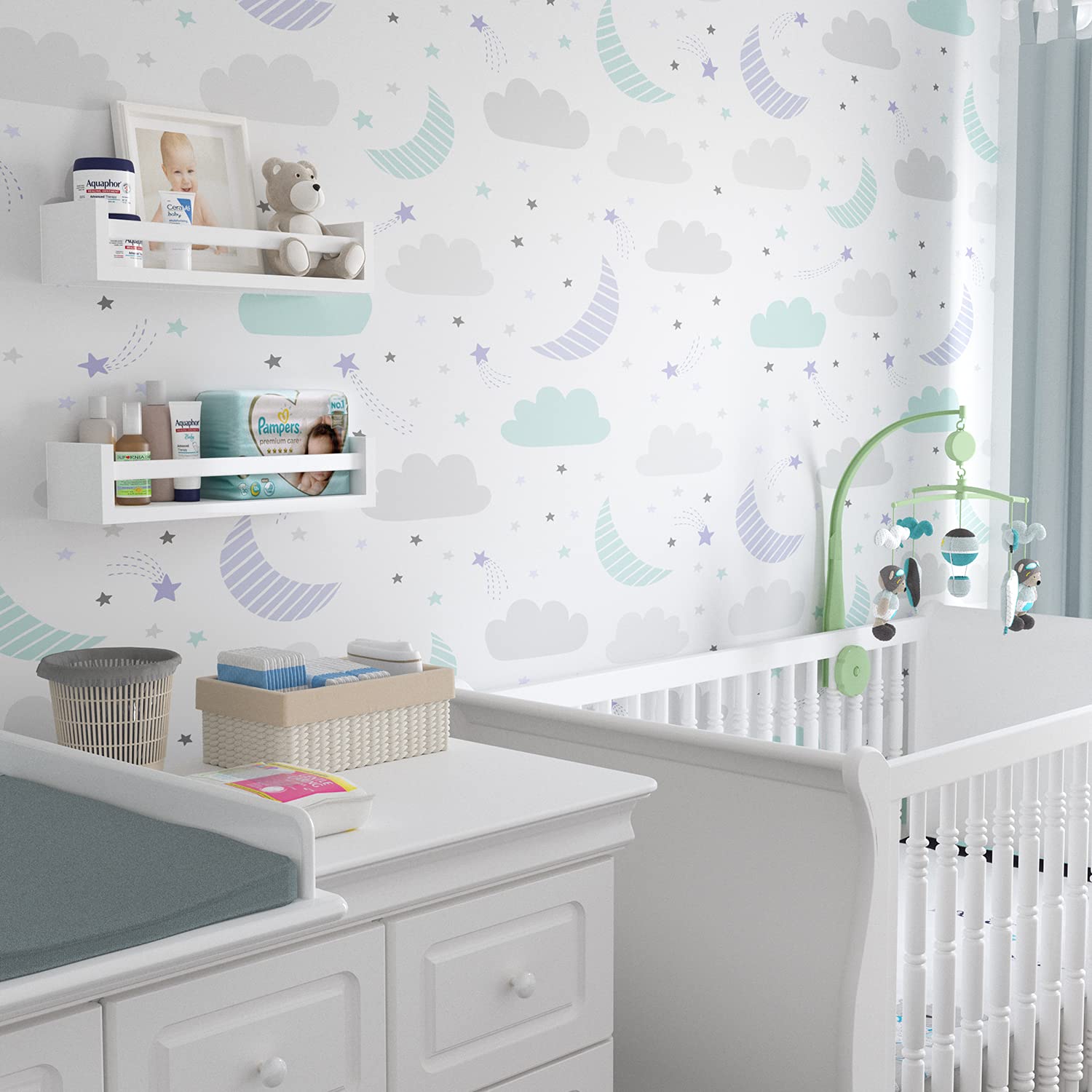 Elba Floating Bookshelves for Kids - Set of 2 White Wall-Mounted Nursery Shelves | Space-Saving Book Storage for Bedroom, Playroom & Classroom Decor