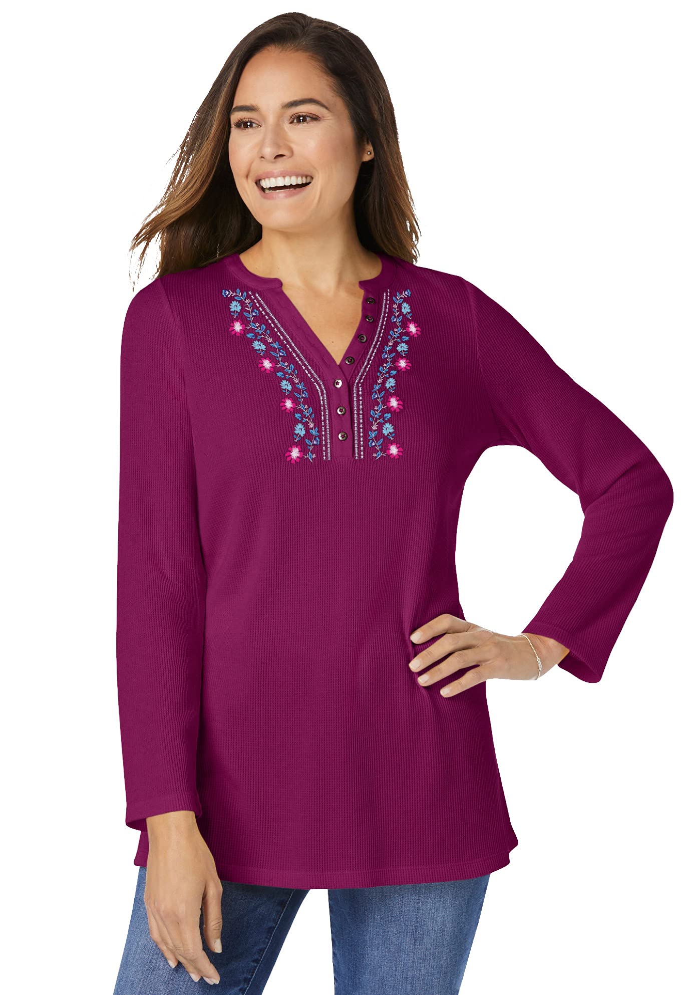 Women's Plus Size Embroidered Thermal Waffle Henley Top - Long Sleeve Thermal Shirt for Women - Cozy Winter Layering & Cold Weather Underwear