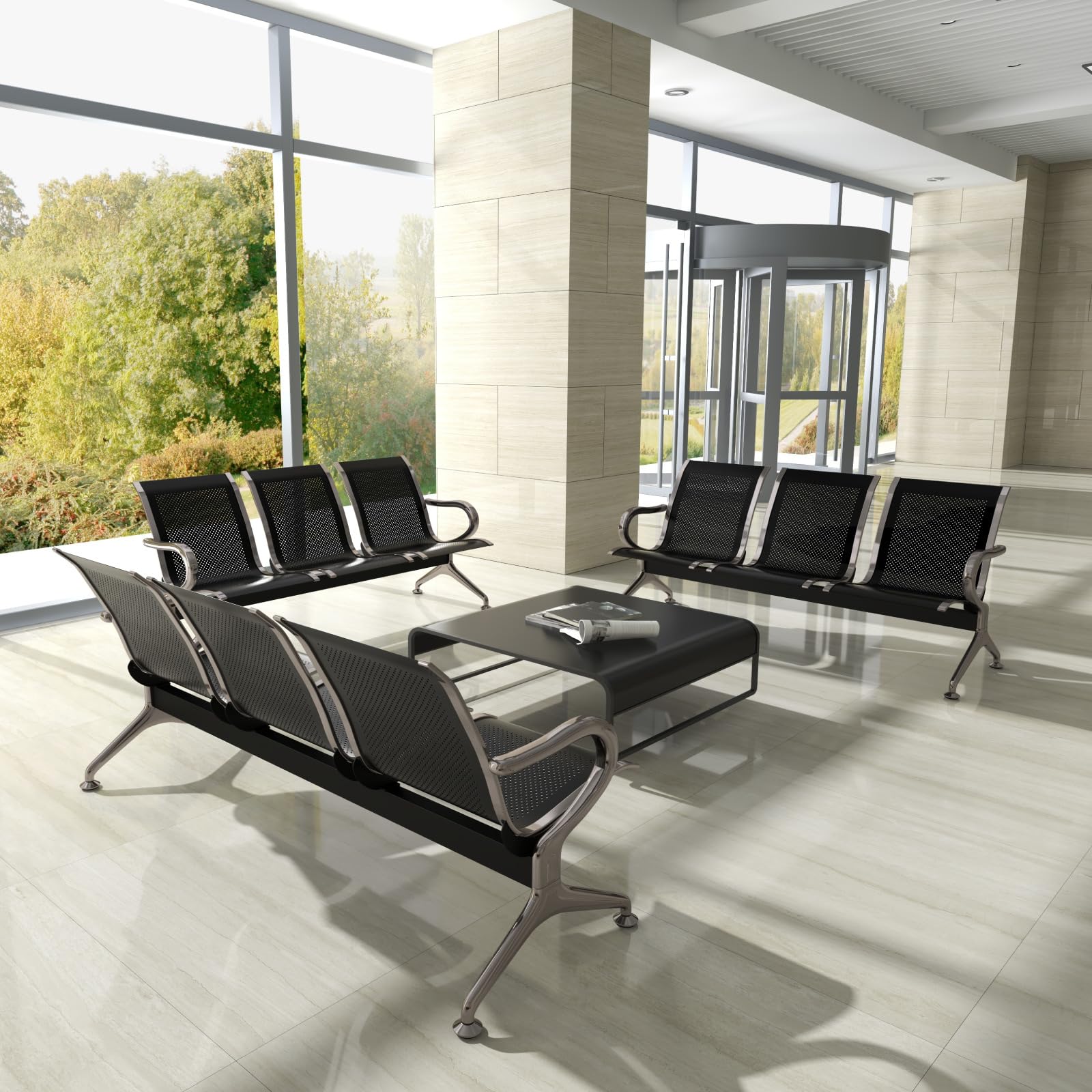 Kinsuite 3-Seat PU Leather Waiting Room Bench with Arms - Set of 2 Modern Reception Chairs for Business, Hospital & Airport Waiting Areas - Durable & Comfortable Seating Solution for Lobbies, Clinics and Public Spaces
