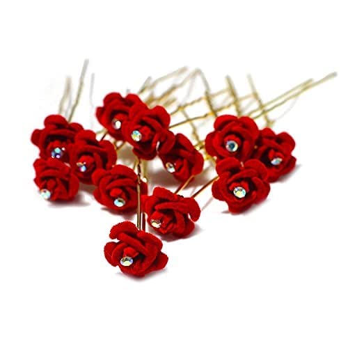 Vanshika Rose Flower Hair Pins for Women & Girls - 12 Pack Metal Jura Bun Pins, Red Fancy Juda Hair Accessories - Perfect for Weddings, Parties & Everyday Hairstyles