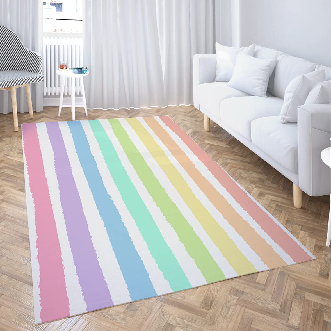 LOKMU Non-Slip 5'x7' Area Rug - Watercolor Pastel Striped Blue Rainbow Abstract Design - Soft & Durable for Living Room, Bedroom, Dining Room, Classroom & Kindergarten - Perfect for Home Decor, Kids Play Area & High-Traffic Spaces