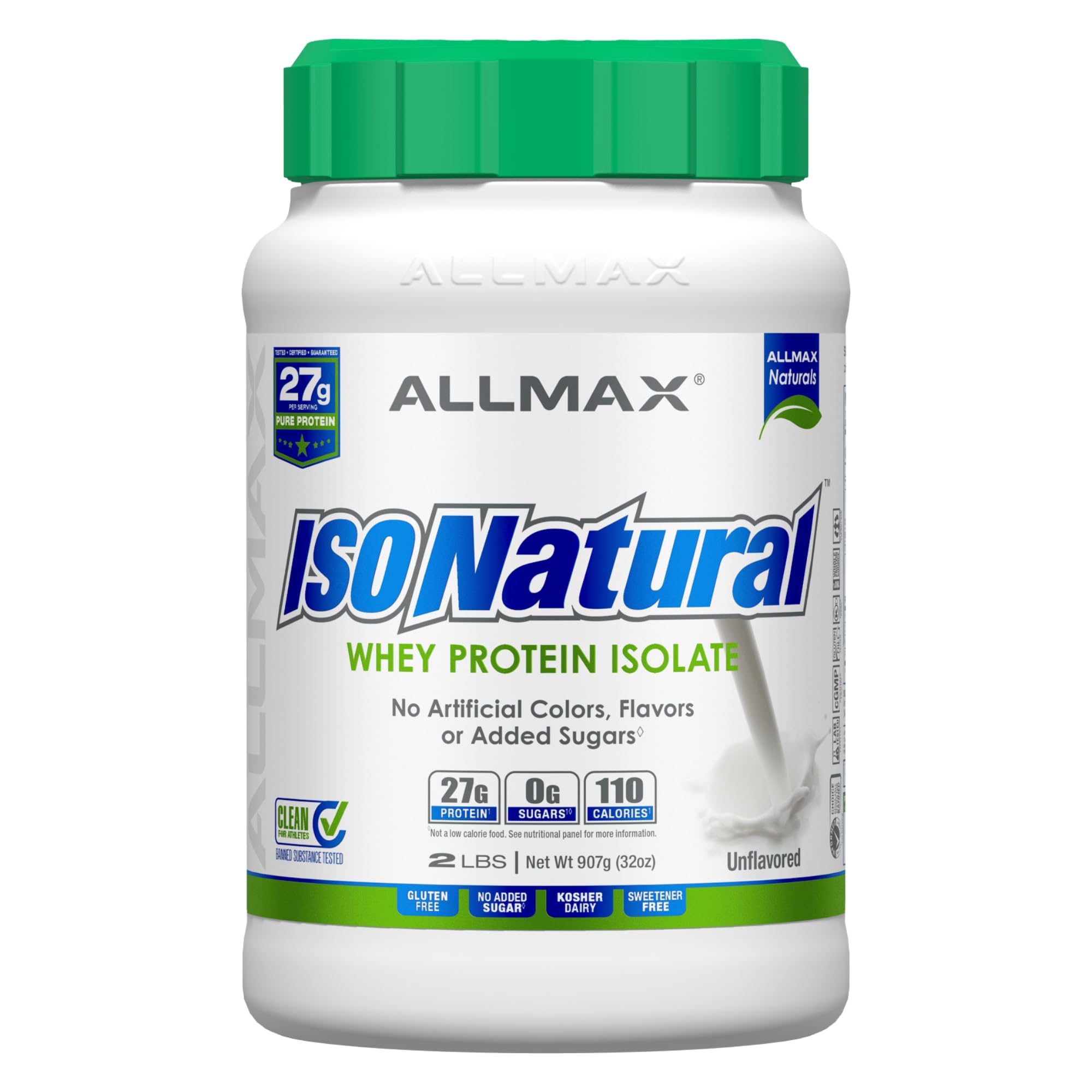 ALLMAX Nutrition ISONATURAL Whey Protein Isolate Powder - Unflavored 2lb (27g Protein Per Scoop) | Zero Fat & Sugar, 99% Lactose Free with Prebiotics | No Artificial Flavors, 31 Servings | Ideal for Post-Workout Recovery & Muscle Building