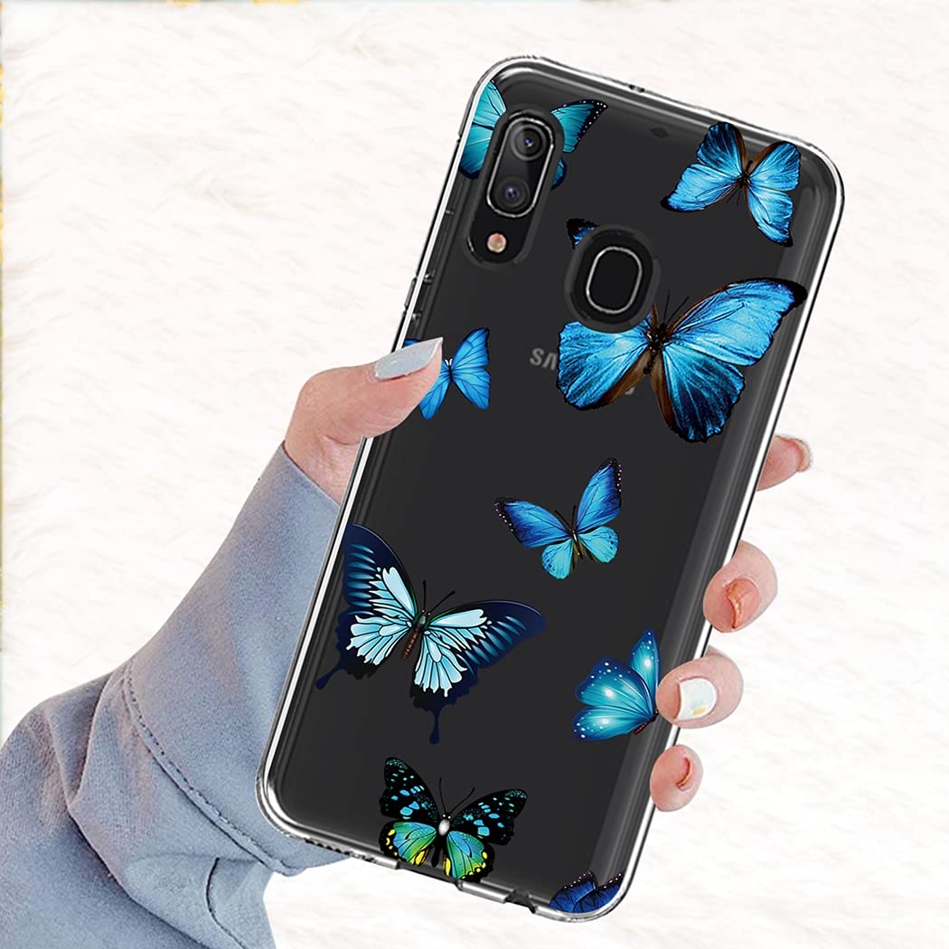 Cute Blue Butterfly Clear Slim Shockproof TPU Case for Samsung Galaxy A20/A30 - Soft Flexible Protective Cover for Women & Girls - Perfect for Everyday Use, Work, and Travel