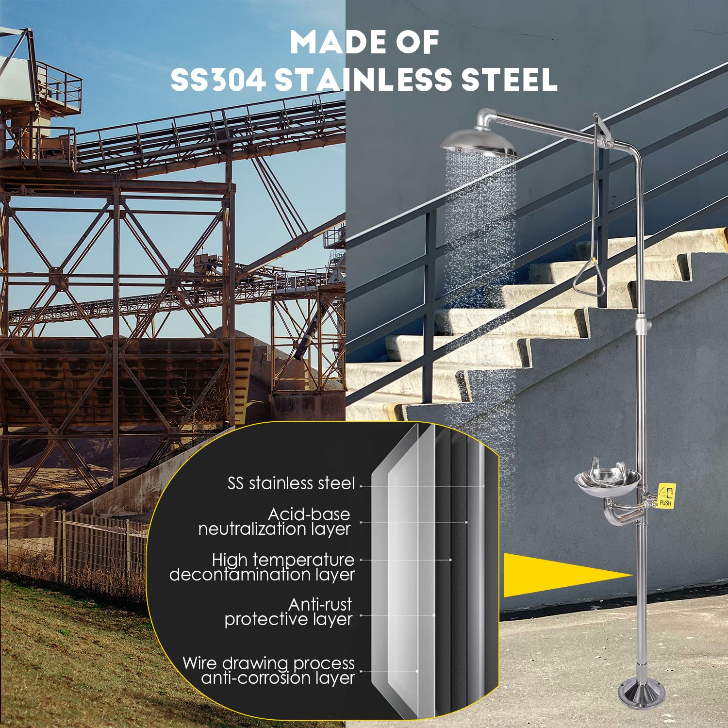 CGOLDENWALL 304 Stainless Steel Emergency Shower & Eyewash Station Combo - ANSI Compliant Safety Equipment with NPT Thread & Eyewash Sign - Ideal for Laboratories, Factories & Chemical Workplaces