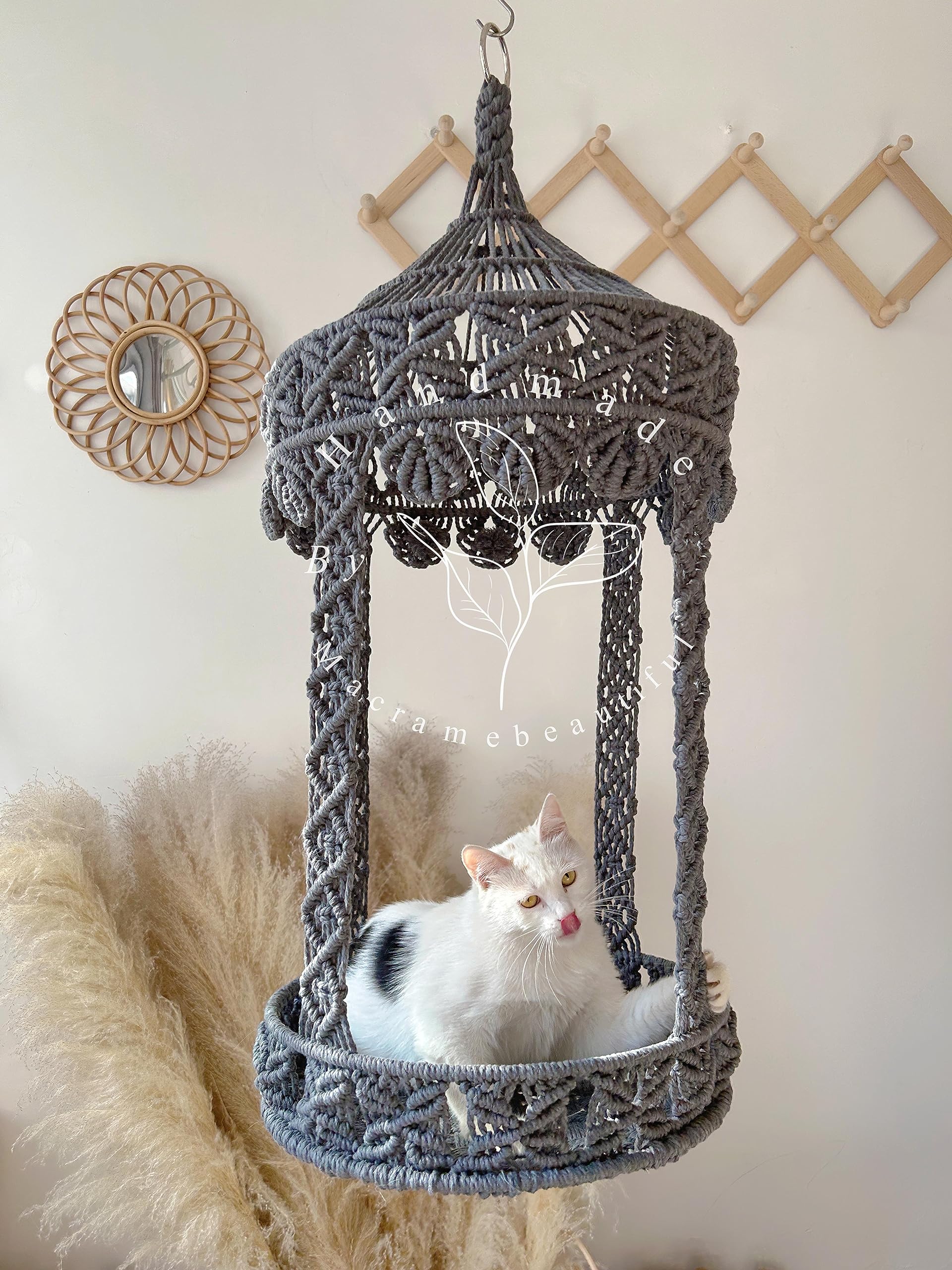 Handmade Macrame Cat Hammock - Large Hanging Cat Bed & Swing for Indoor Cats | Cozy Wall-Mounted Cat Furniture | Perfect Cat Room Decor & Gift for Cat Lovers (Gary) - Ideal for Small Spaces, Apartments & Catios