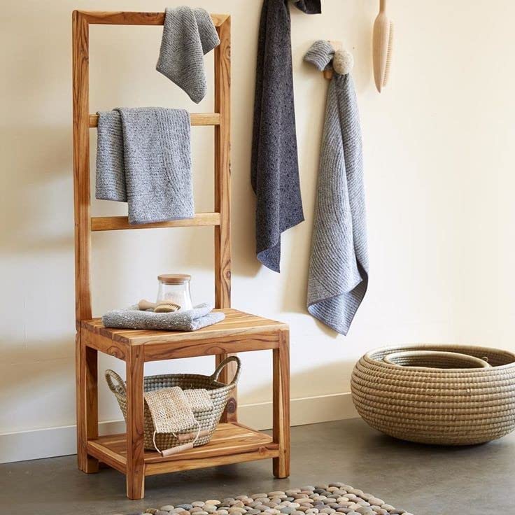 Premium Wooden Freestanding Multi-Tier Towel Rack Stand with Shelf - Bathroom, Bedroom, Gym & Kitchen Towel Holder - Space-Saving Ladder Design for Hand & Bath Towels (A87)