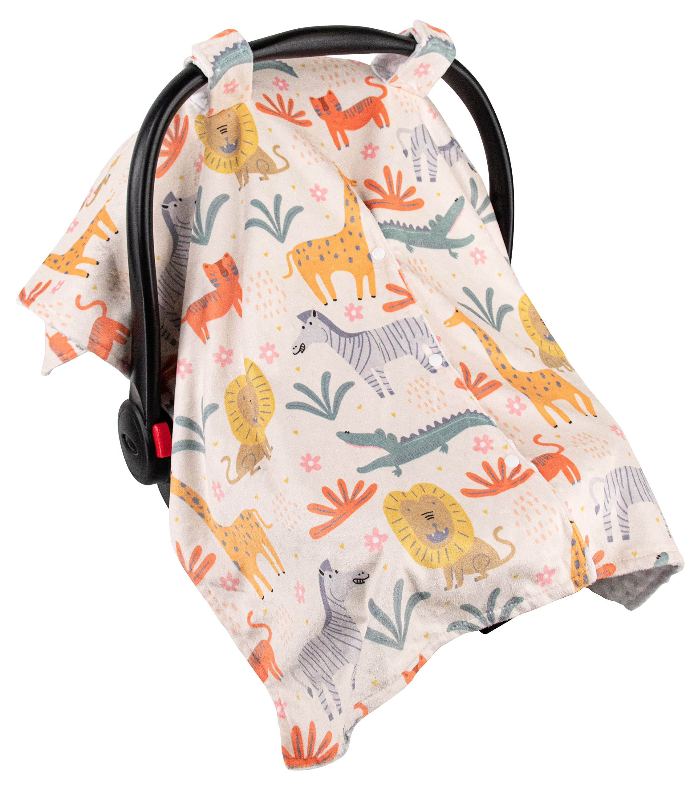 Top Tots Deluxe Minky Baby Car Seat Cover - Wild Safari Print, 40 x 29 Inch White | Soft & Breathable Infant Car Seat Protector for Boys & Girls | Perfect for Travel, Shopping & Daily Outings