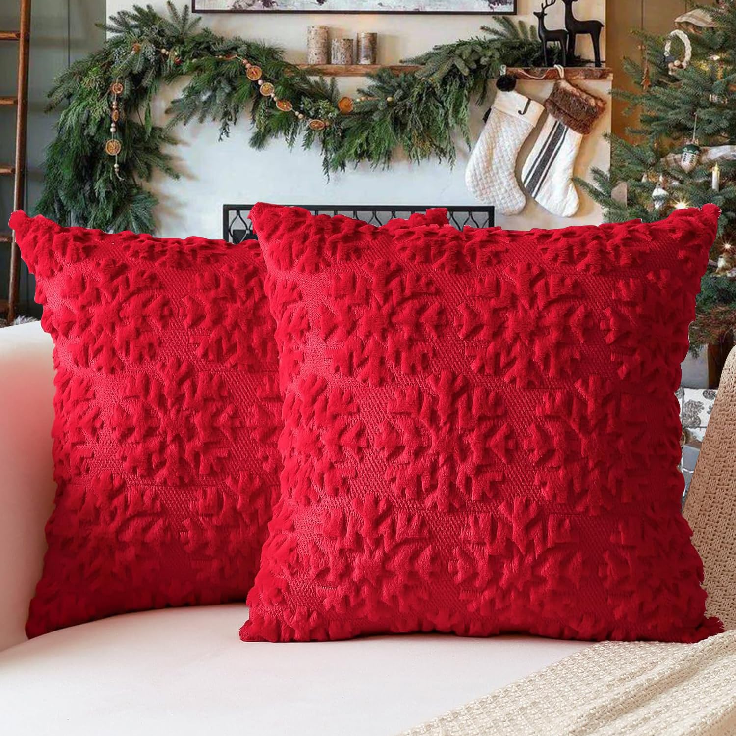 18x18 Inch Christmas Pillow Covers Set of 2 - Soft Faux Rabbit Fur with 3D Snowflake Embroidery - Holiday Decorative Throw Pillows for Sofa, Couch & Christmas Party Decor - Skin-Friendly with Invisible Zipper - Perfect for Living Room, Bedroom & Festive Home Decor