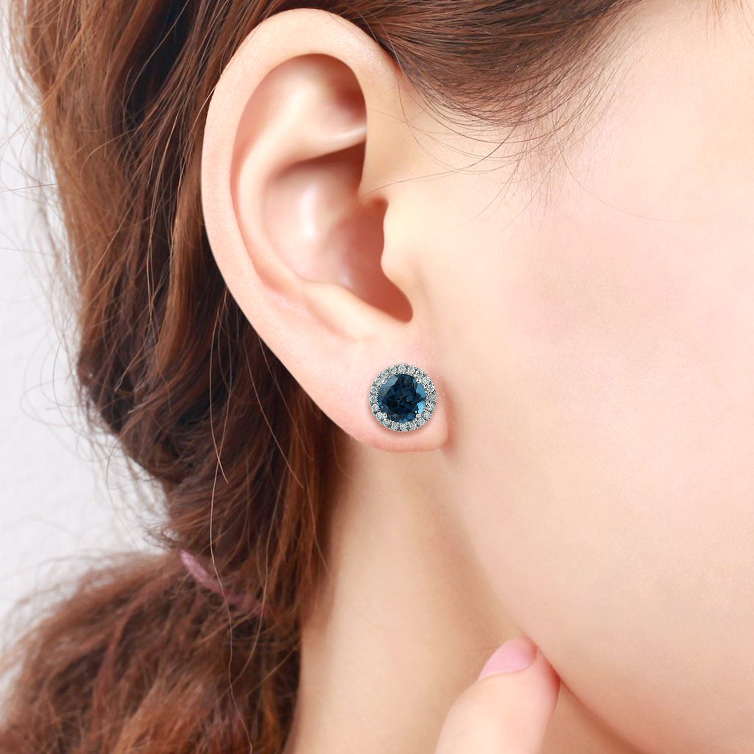 18K White Gold London Blue Topaz Pave Diamond Stud Earrings – Elegant Jewelry for Women, Perfect for Weddings, Parties & Special Occasions