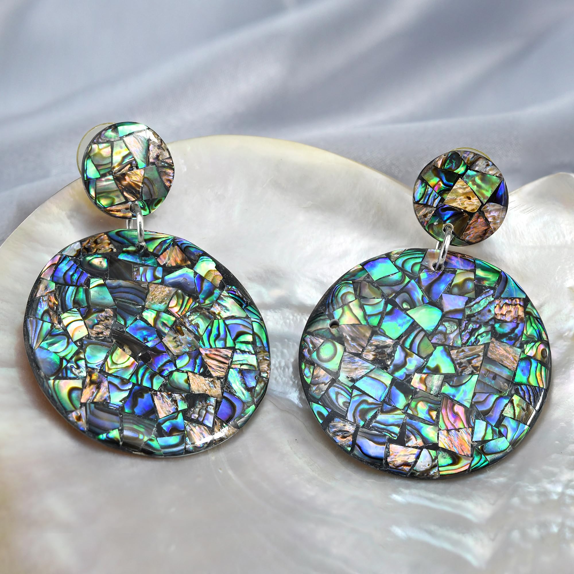 AeraVida Natural Abalone Shell Double Linked Circles Drop Dangle Earrings for Women | Elegant Stone Post Earrings | Perfect for Weddings, Parties & Everyday Wear