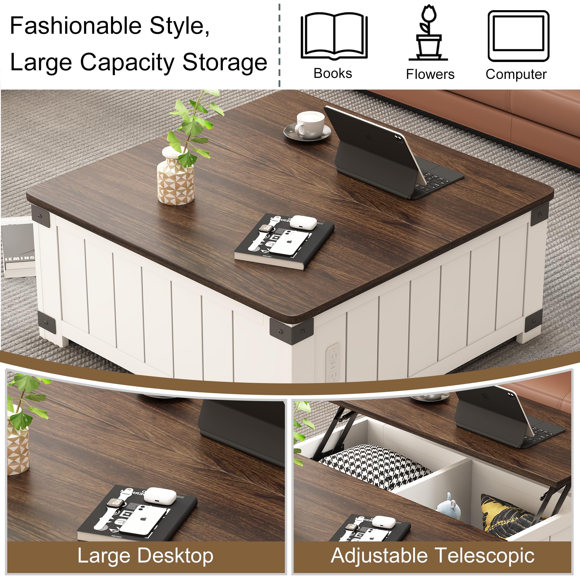 Square Lift Top Coffee Table with Storage - White Wooden Cocktail Table with USB Ports & Charging Station, 4 Grids Hidden Compartment for Home, Office, Dorm & Apartment | Perfect for Living Room, Study & Small Spaces