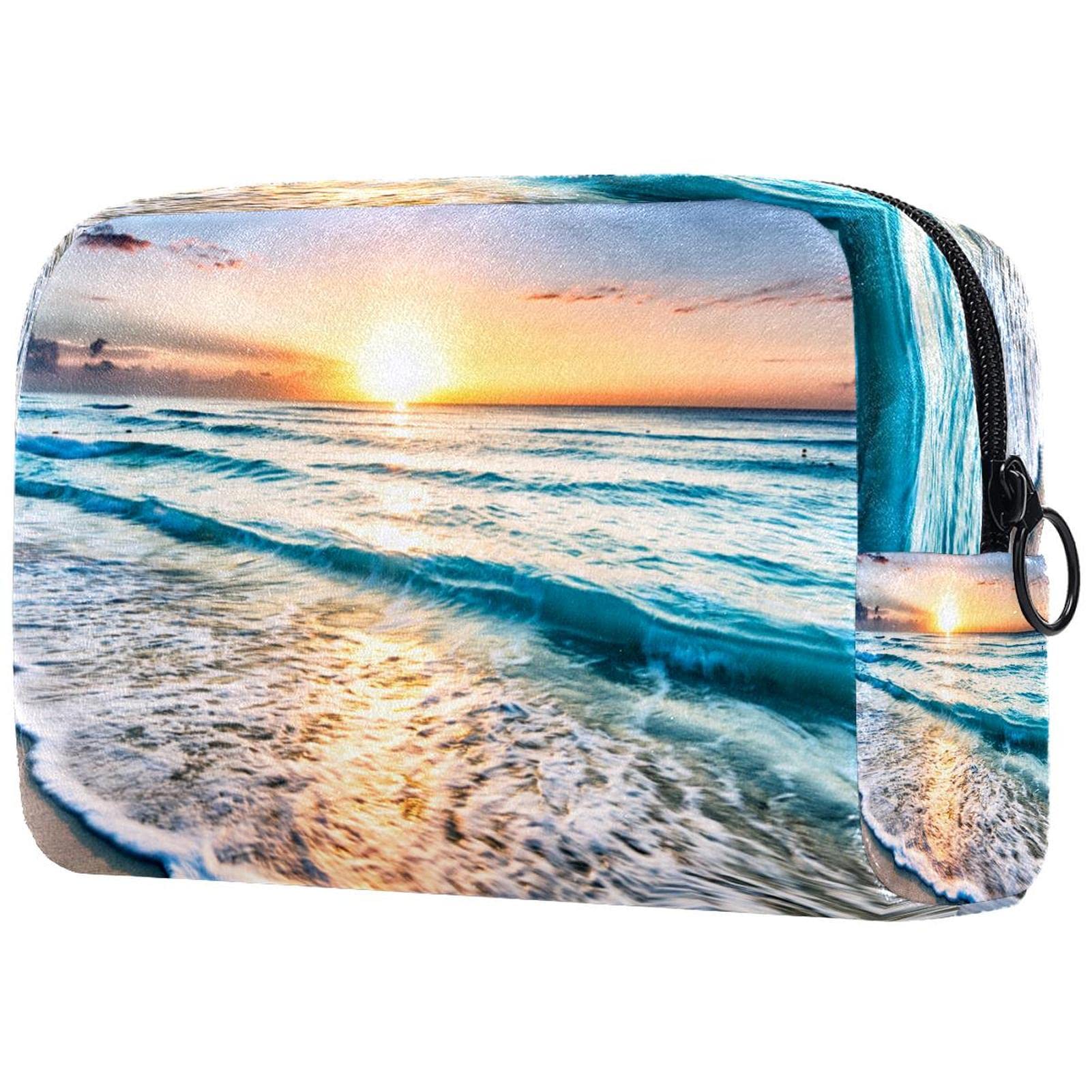 Small Makeup Bag for Women - Travel Cosmetic Organizer with Sunrise Beach Design - Perfect for Travel, Gym & Daily Essentials Storage