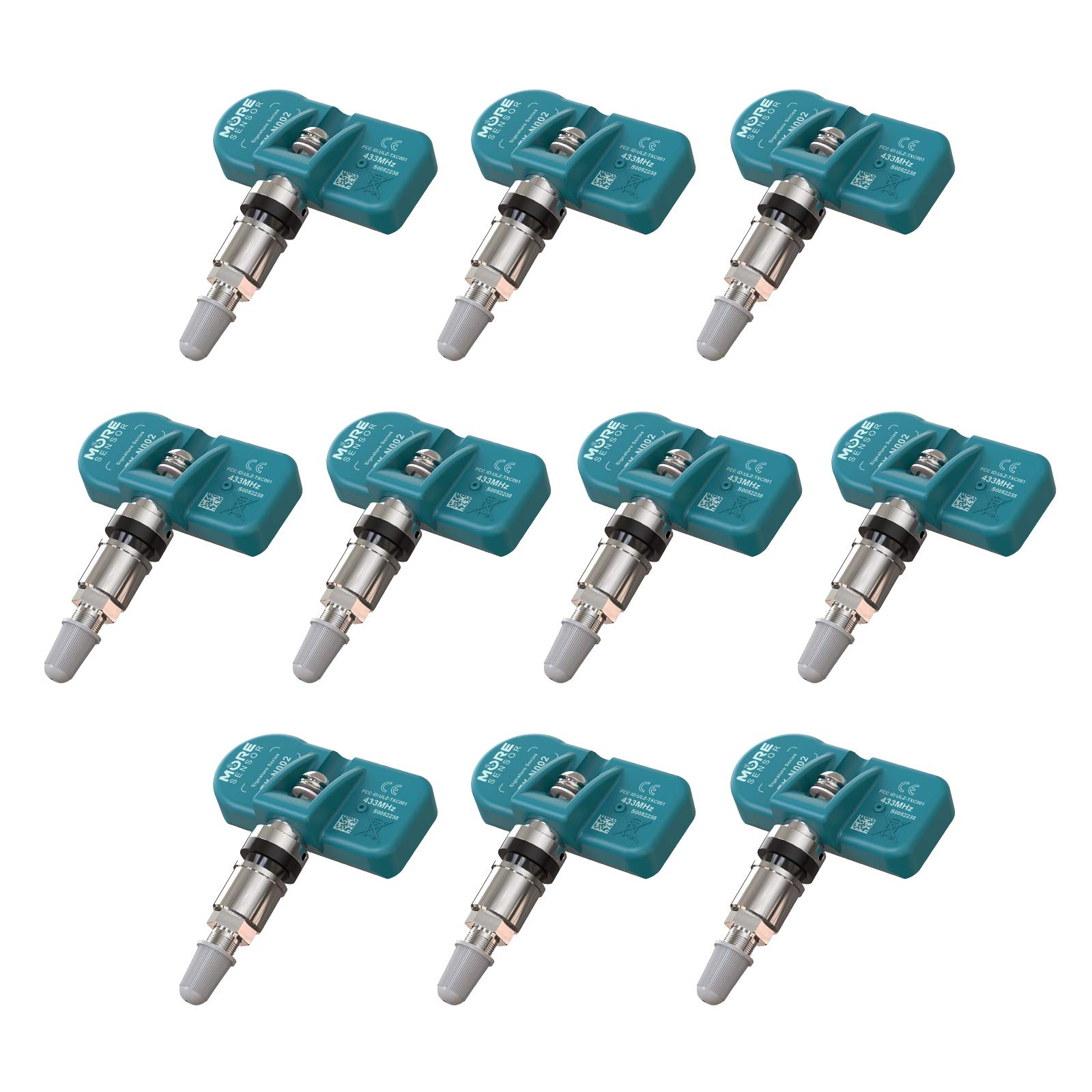 MORESENSOR Signature Series 433MHz Universal Programmable TPMS Tire Pressure Sensor 10-Pack | Clamp-in Aluminum Valve | TX-N002-10 | Compatible with Cars, Trucks & SUVs | Easy DIY Installation for Better Fuel Efficiency & Safety
