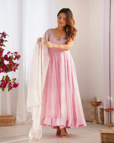 Light Pink Georgette Anarkali Suit Set for Women - Elegant Indian Party Wear & Wedding Guest Outfit - Perfect for Festivals, Bridal Showers & Special Occasions