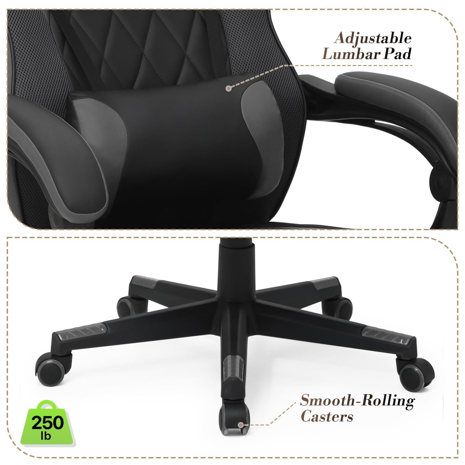 Ergonomic Gaming Chair with Footrest & Headrest Lumbar Support - Adjustable Height Swivel Computer Office Chair for Adults & Kids (Grey) - Perfect for Gaming, Working & Home Office Use