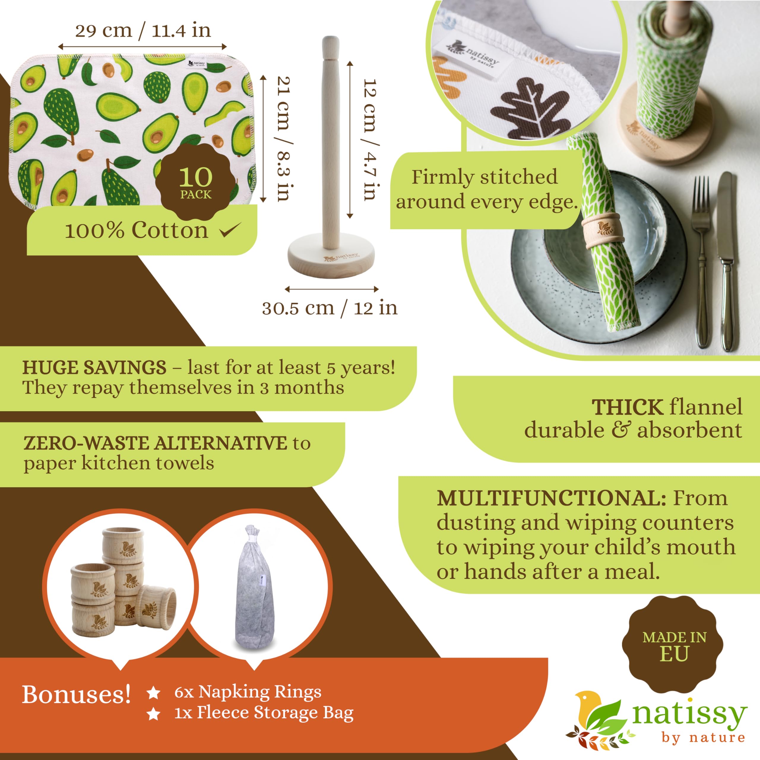 Organic Cotton Reusable Paper Towels - 10-Pack Washable & Eco-Friendly Kitchen Towels | Sustainable Alternative to Disposable Paper Towels | Perfect for Cleaning, Spills & Everyday Kitchen Use