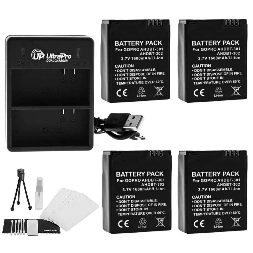 4-Pack GoPro High-Capacity Replacement Batteries with Rapid Dual Charger for GoPro HERO3 & HERO3+ Cameras - Includes Camera Cleaning Kit, Screen Protector & Mini Tripod - Perfect for Travel, Vlogging & Outdoor Adventures