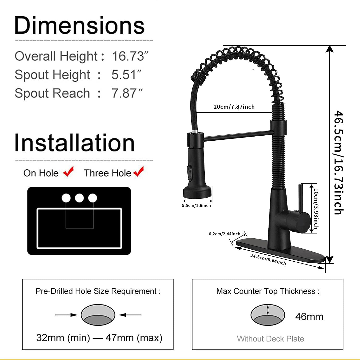 Matte Black Single Handle Pull Down Sprayer Kitchen Faucet - Commercial Grade Spring Sink Faucet with Cover Plate | Perfect for Restaurant & Home Kitchen Renovation