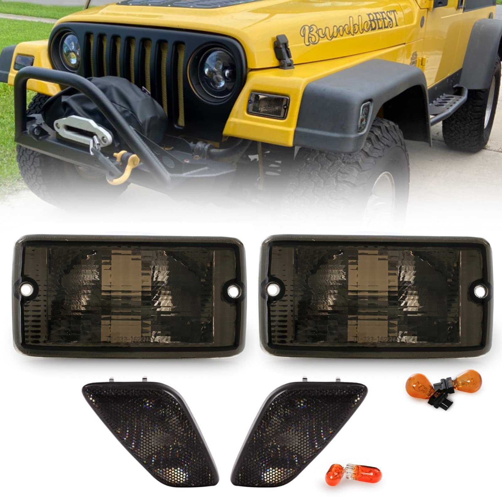Smoked Tail Lights & Side Marker Light Combo Set for 1997-2006 Jeep Wrangler TJ - Plug & Play 6-Piece Kit - Direct Fit Replacement - Enhance Nighttime Visibility & Off-Road Style - Perfect for Jeep Upgrades & Off-Road Adventures