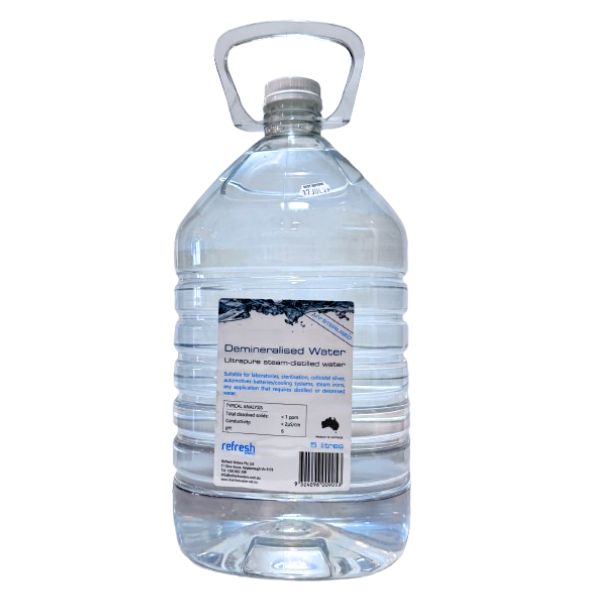 Refresh Demineralized Distilled Water 5L (1.32 Gallon) - Pure Water for Humidifiers, CPAP Machines, and Medical Equipment | BPA-Free