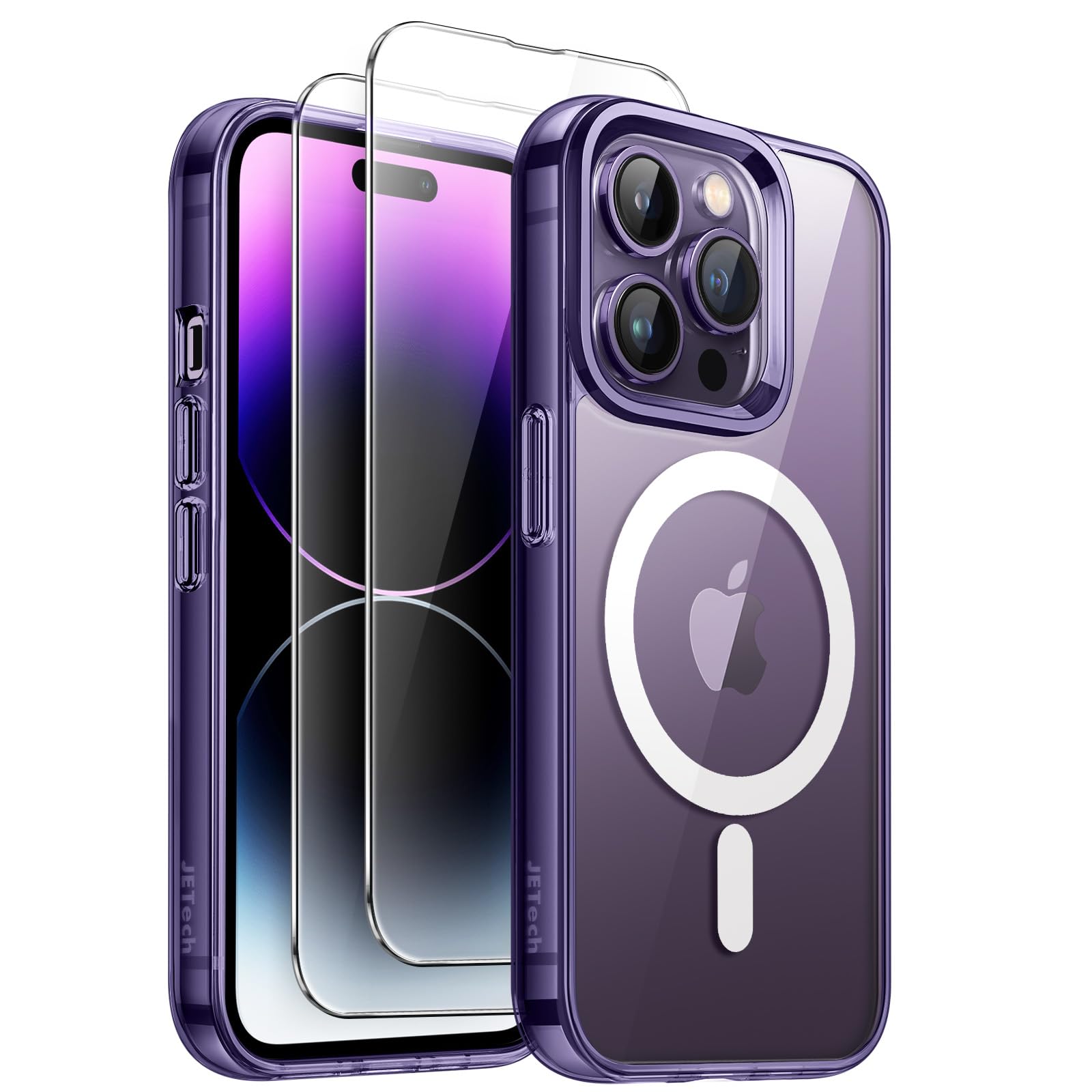 JETech 3 in 1 Magnetic Case for iPhone 14 Pro 6.1-Inch with 2 Pack Tempered Glass Screen Protectors | MagSafe Compatible Shockproof Bumper Phone Cover | Perfect for Work, Travel & Outdoor Activities (Deep Purple)