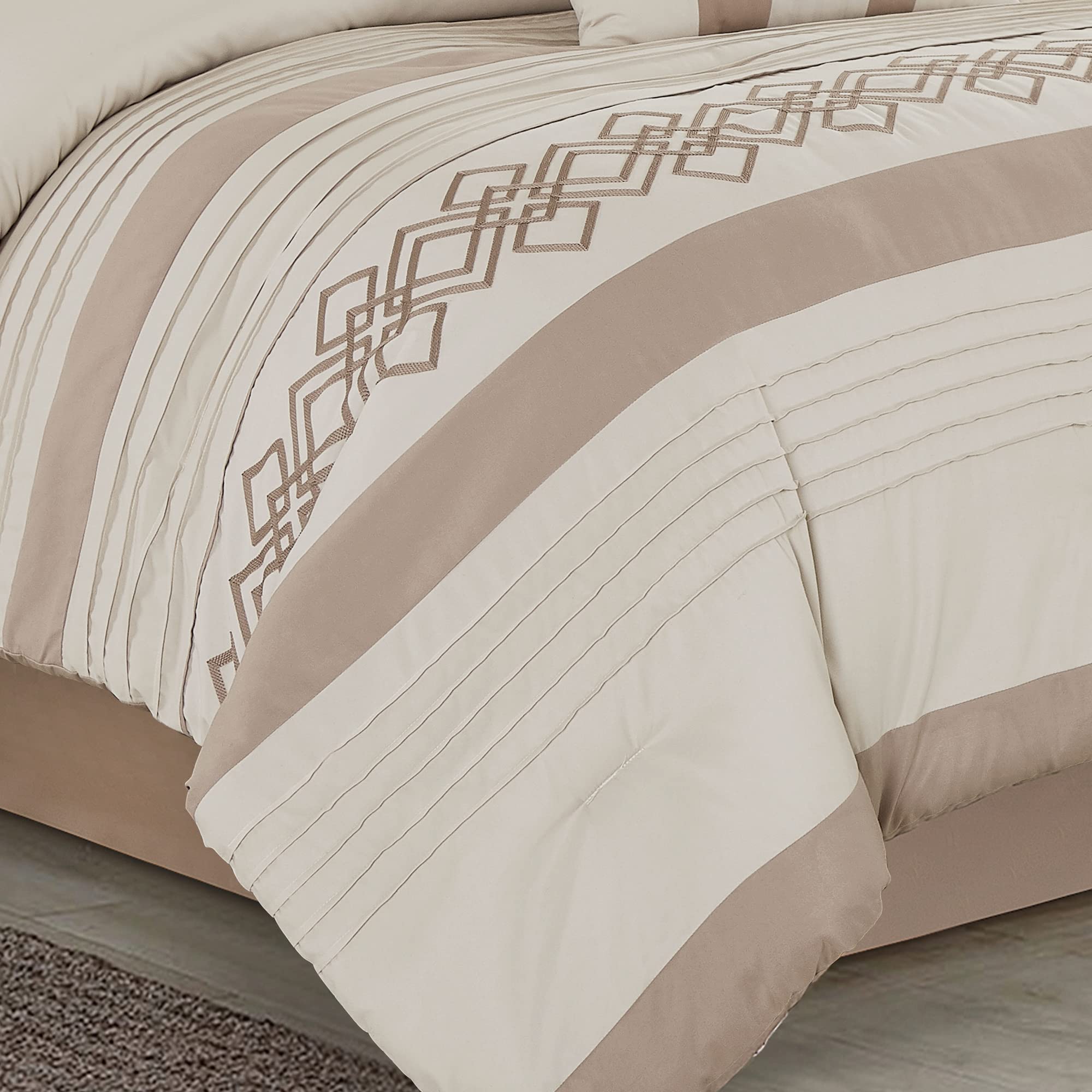 Chezmoi Collection Ariel 7-Piece Taupe Geometric Chenille Embroidery Pleated Striped Comforter Bedding Set Queen Size - Soft Luxury Bedroom Decor for Modern Homes & Guest Rooms