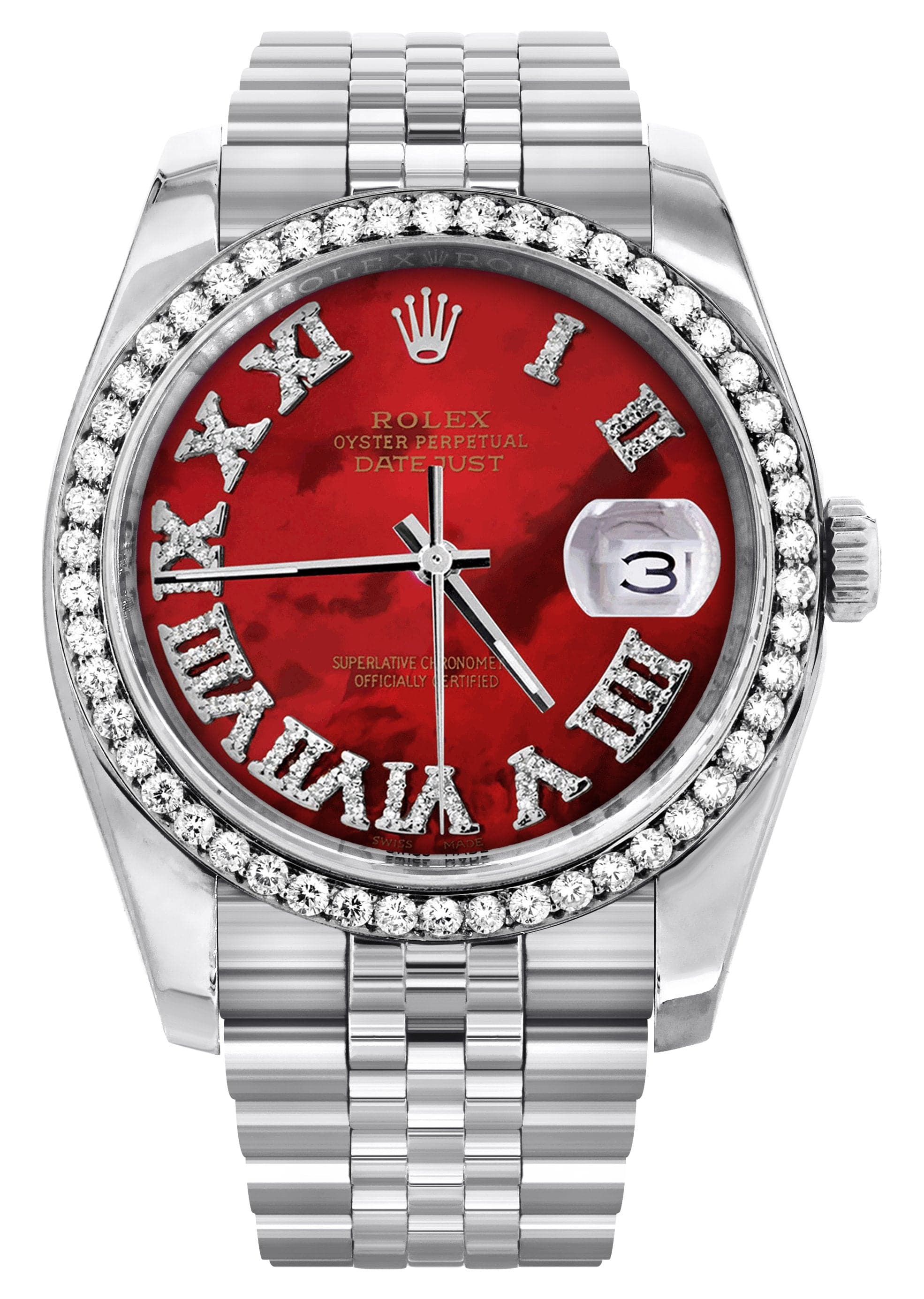 Rolex Datejust 36mm Diamond Watch - Hidden Clasp, Red Mother of Pearl Roman Dial, Jubilee Band | Luxury Diamond Watch for Men & Women | Perfect for Weddings, Anniversaries & Special Occasions