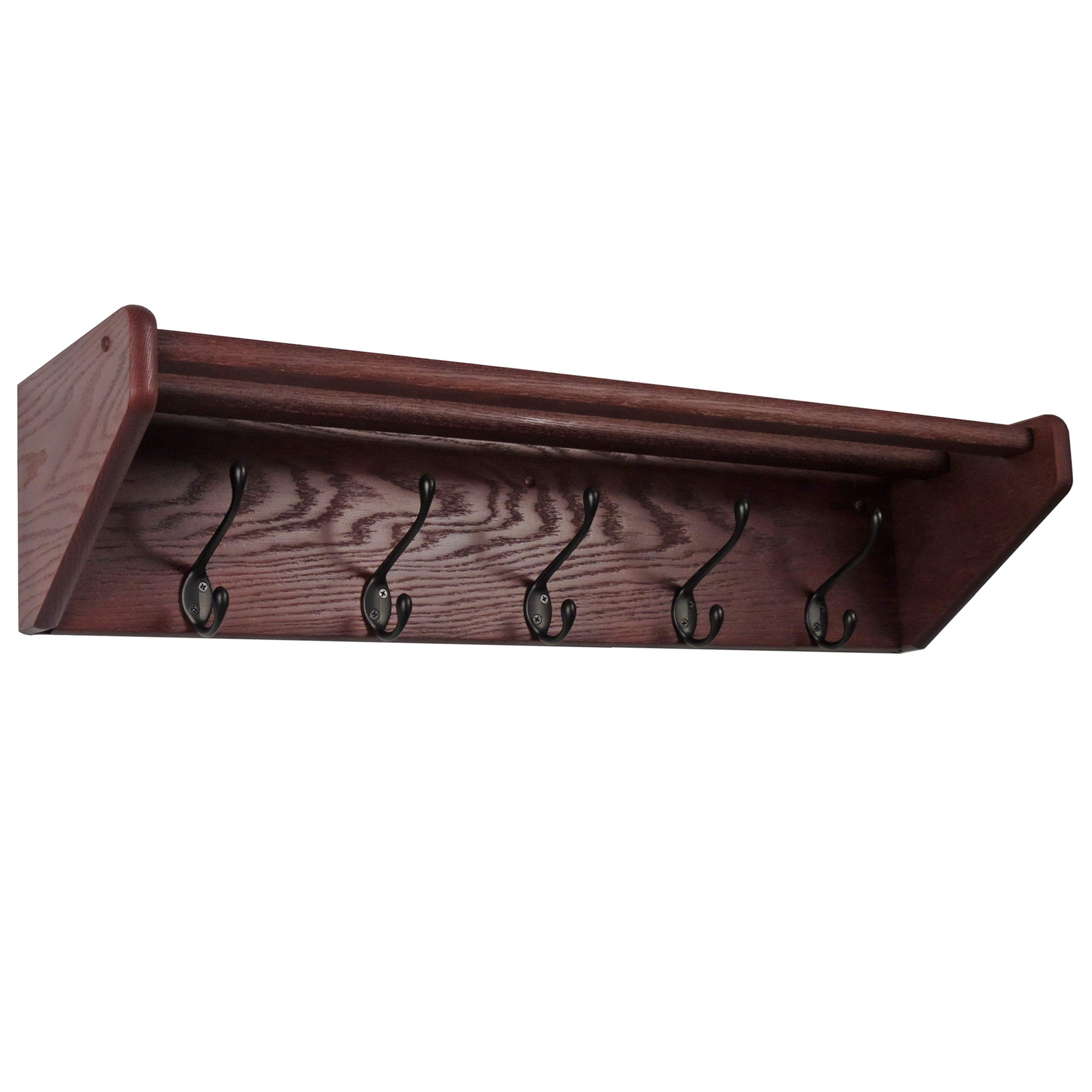5-Shelf Wooden Mallet Coat Rack with Black Hooks - Solid Mahogany Entryway Organizer for Hats, Coats & Bags | Perfect for Hallway, Bedroom or Mudroom Storage