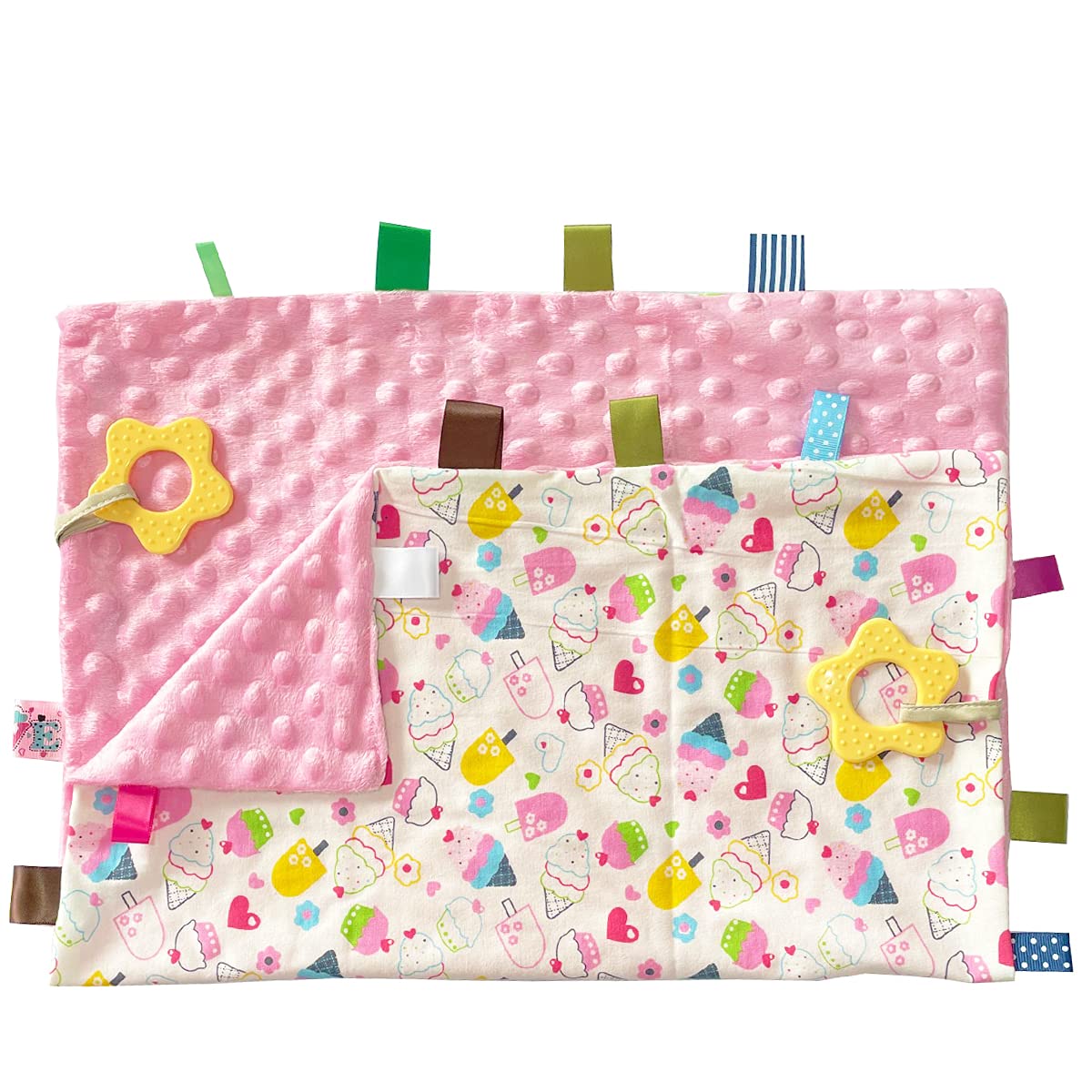 1 PC Pink Large Baby Tag Blanket - Soft Security Blanket for Toddlers, Sensory Taggy Blanket with 21.7x17.7 Inches - Perfect Baby Shower Gift & Comforting Blanket for Newborns (Great for Naptime, Travel, and Sensory Play)