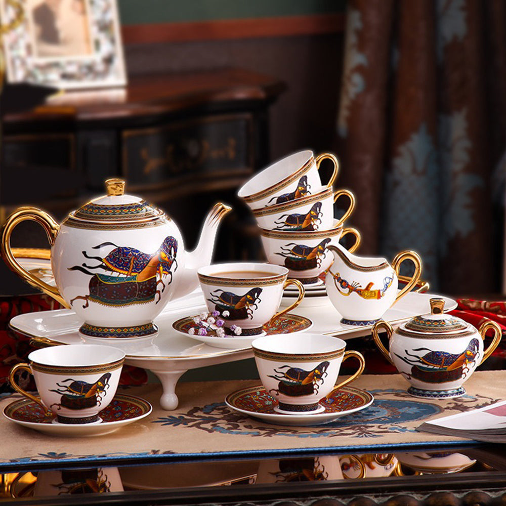 Elegant British Bone China Horse Tea Set - 16-Piece Porcelain Tea Service for Afternoon Tea, Gifts & Collectibles - Perfect for Bridal Showers, High Tea Parties & Home Decor