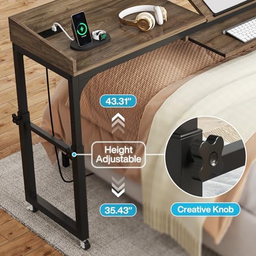 Adjustable Overbed Table with Wheels - Portable Rolling Desk with Outlets & USB Ports - Height Adjustable Laptop Table for Queen Bed - Multi-Angle Tilt Stand for Work, Eating, or Reading in Bed