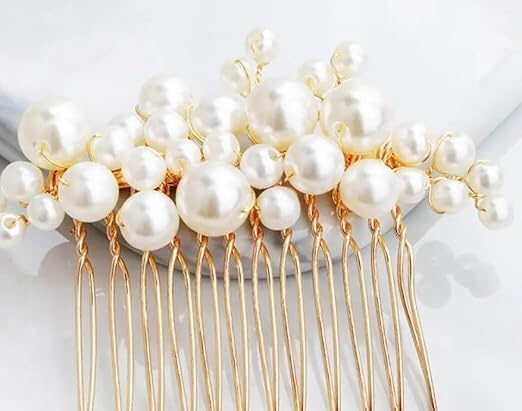 Elegant Pearl Bridal Hair Comb - Gold Wedding Hair Accessory for Brides & Bridesmaids, Floral Hair Pin, Bun Comb, Juda Pins - Perfect for Weddings, Prom, Parties & Special Occasions (1pc, Golden)
