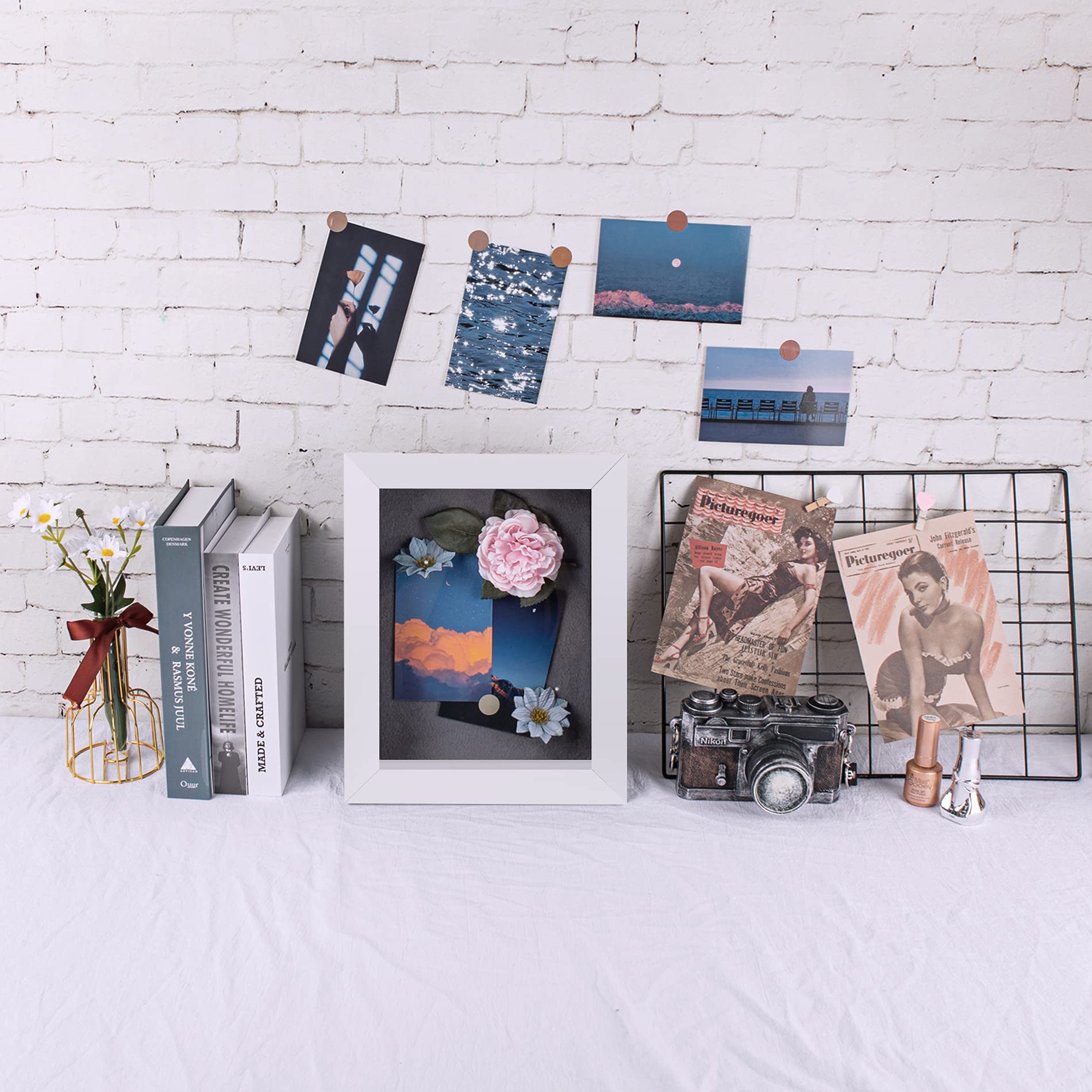 Frametory 8.5x11 Shadow Box Frame - Front Opening Display Case with 2 Inch Depth - Wall Mount & Tabletop Memory Keepsake Box - Includes 6 Pins (White) - Perfect for Wedding Photos, Graduation Memorabilia, and Sports Trophy Displays