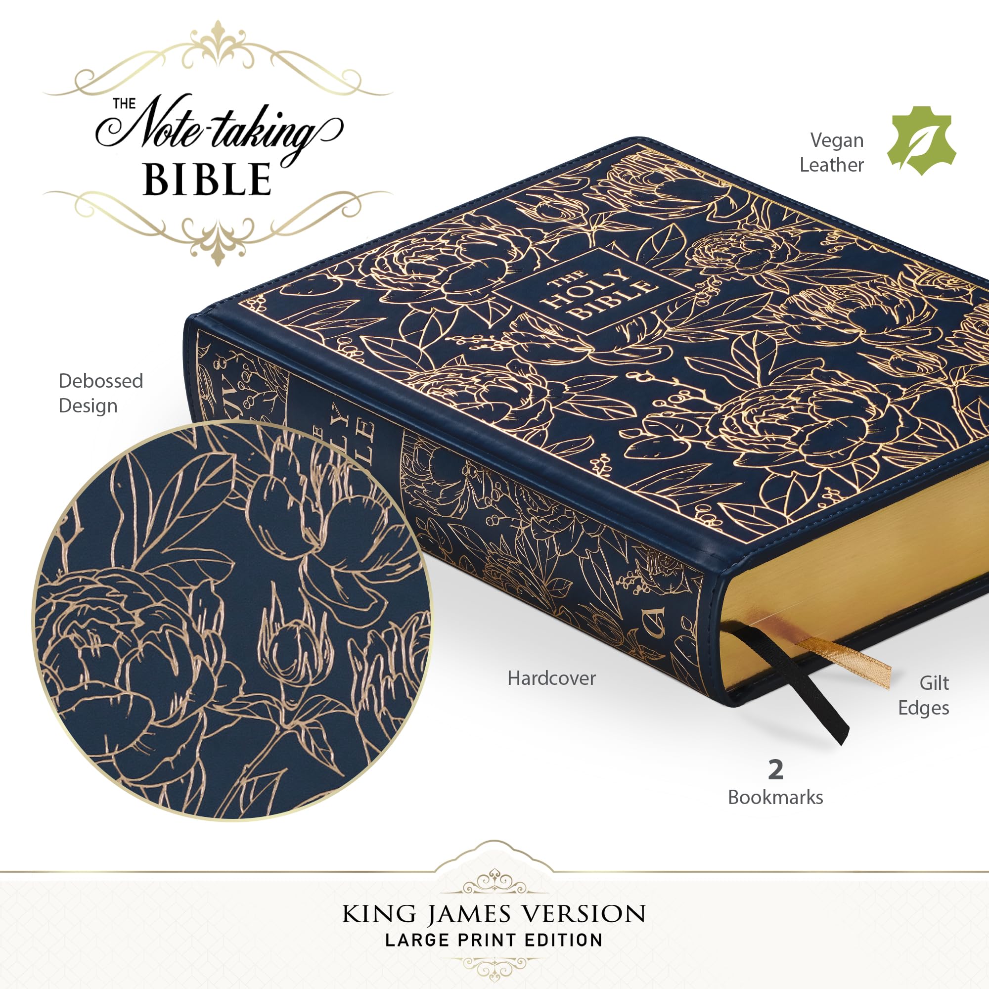 KJV Large Print Note-Taking Bible - Faux Leather Hardcover, Navy Gold Floral for Study & Worship