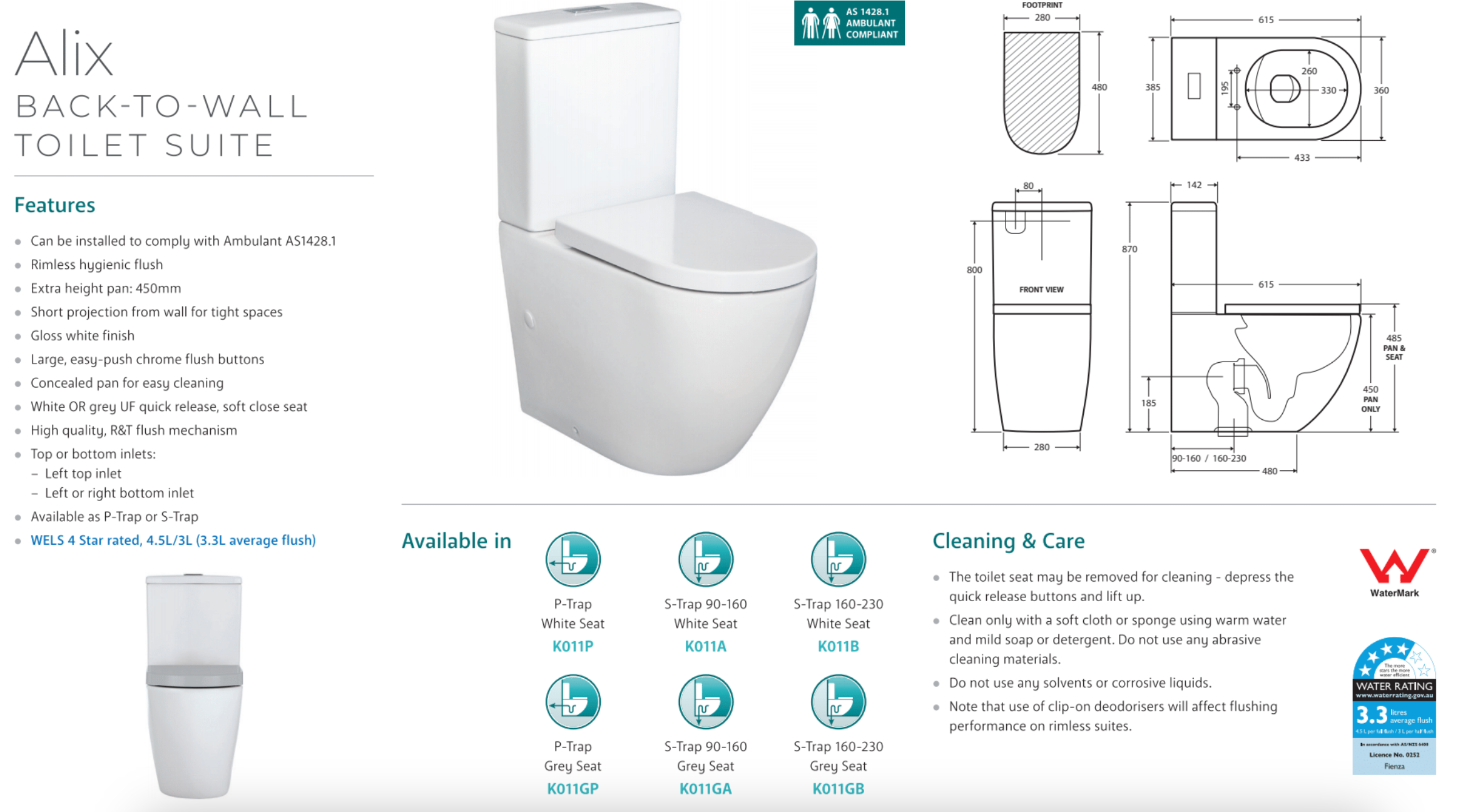 Fienza K011A Alix Extended Height S-Trap 90-160mm Toilet Suite in White - Modern Bathroom Upgrade for Comfort & Space Saving