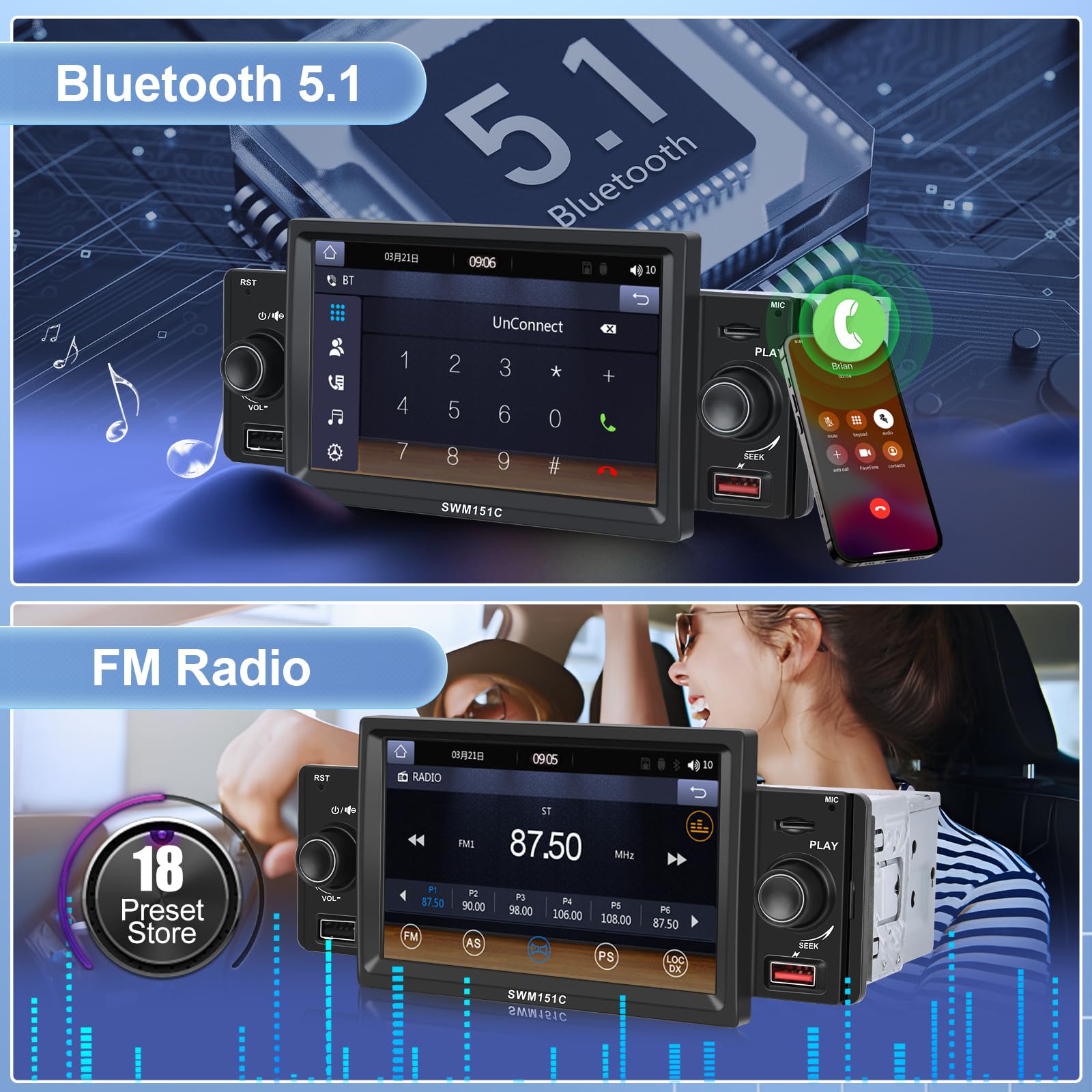 PODOF Single Din Car Stereo with 5