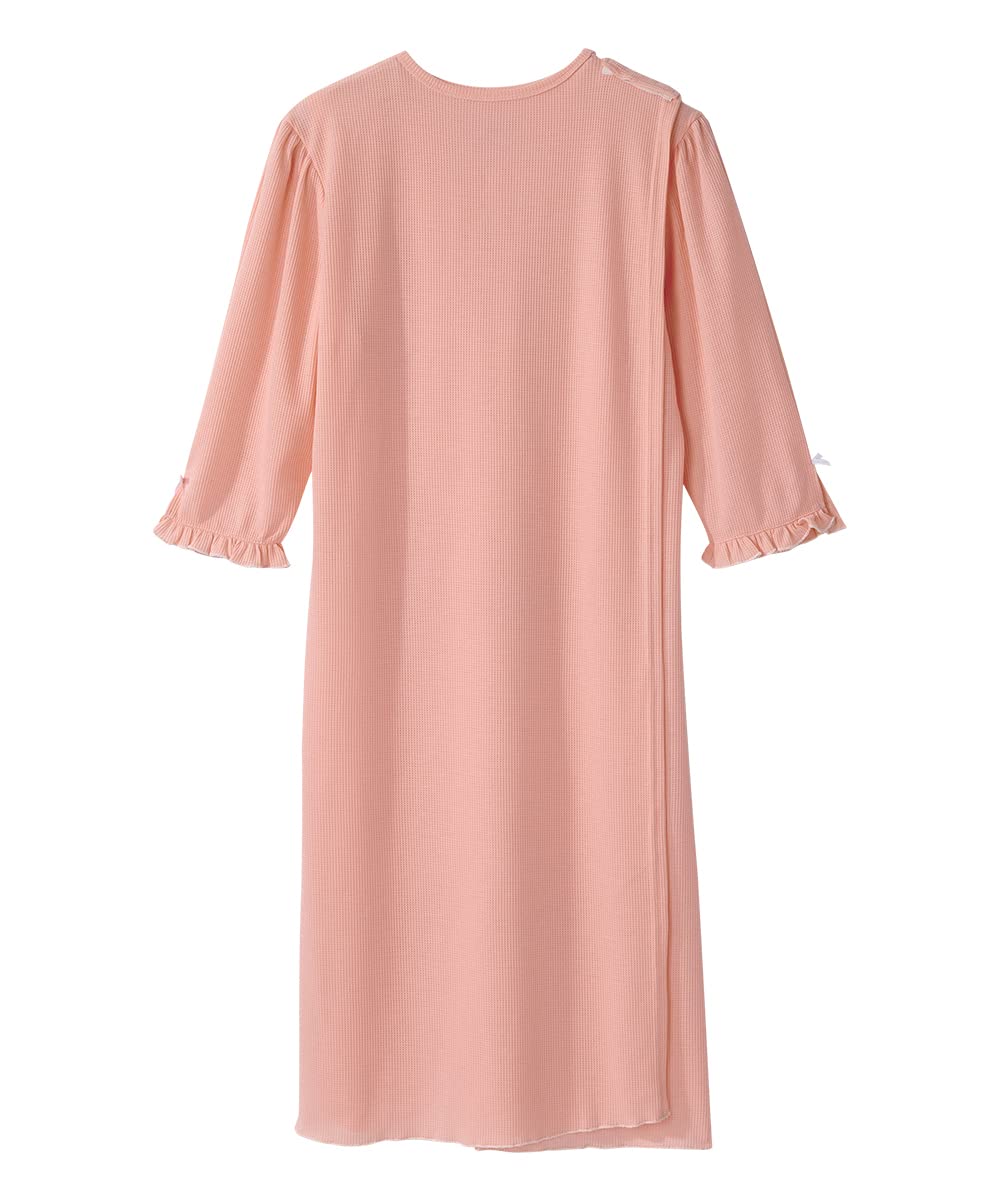 Women's Open Back Adaptive Waffle Knit Nightgown - Comfortable Hospital Gown for Seniors with Decorative Bows | Easy Wear for Post-Surgery, Elderly Care & Home Recovery