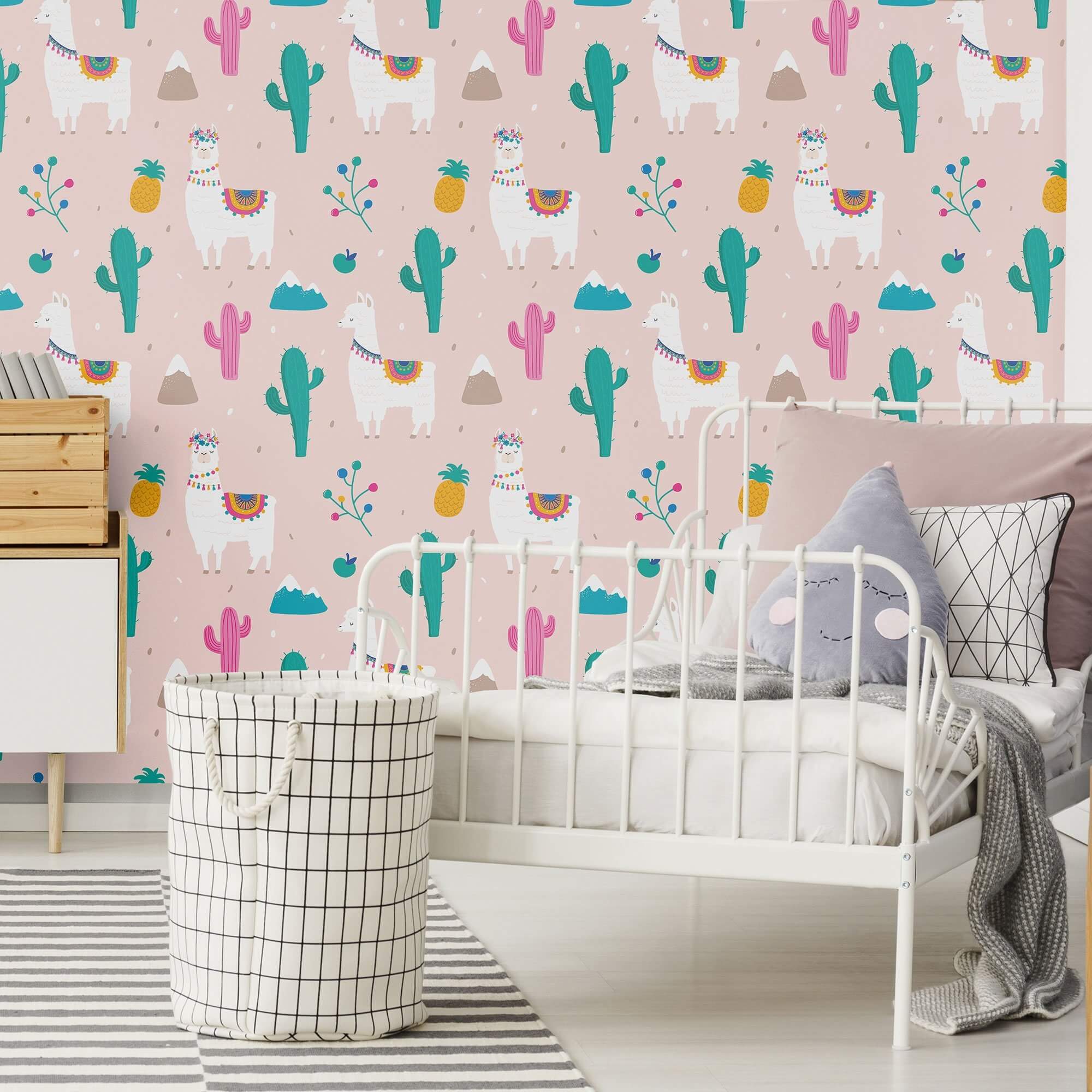 Pink Llama Themed Peel and Stick Removable Wallpaper - Self-Adhesive Decorative Wall Covering for Kids Room, Nursery, Dorm & Home Decor