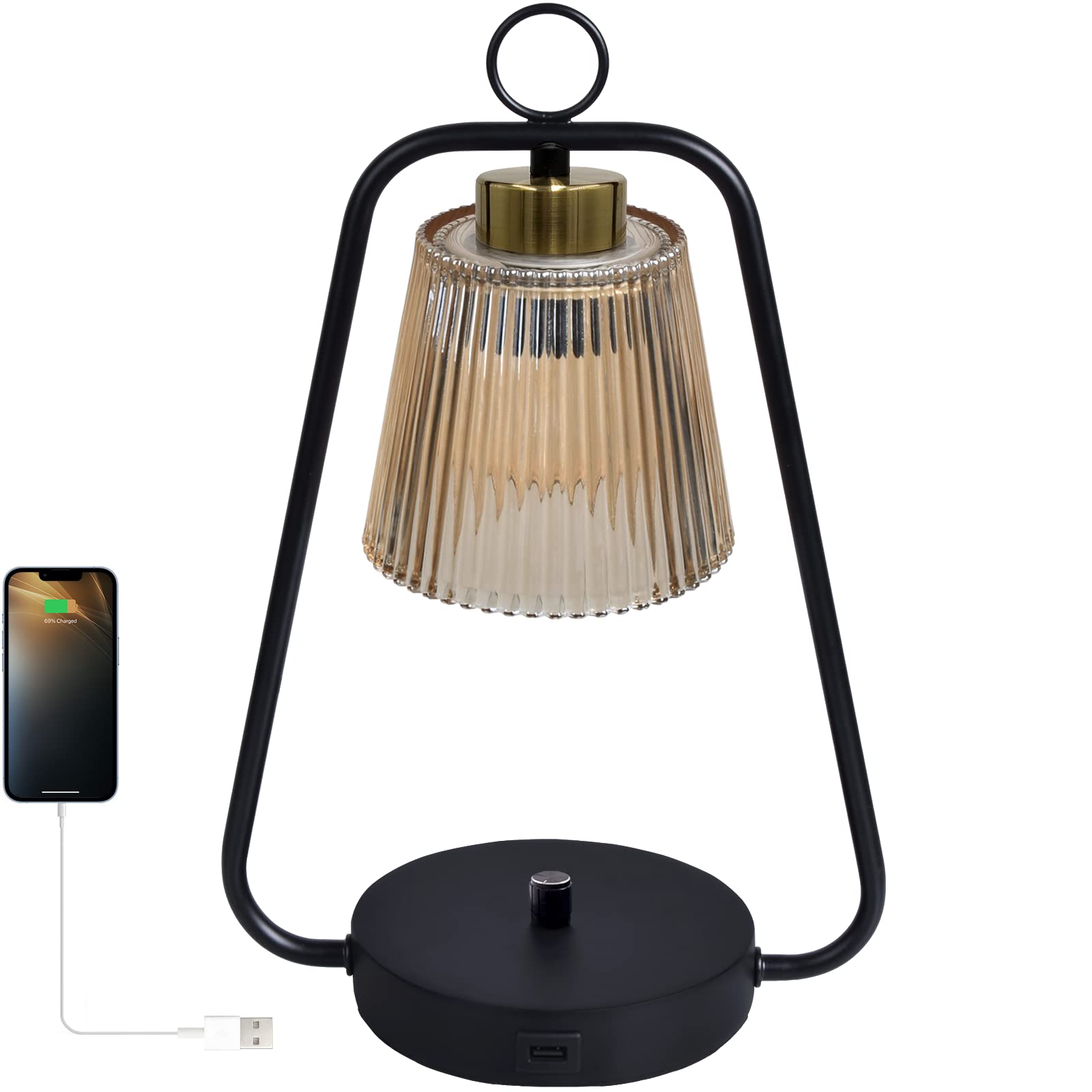 Stepless Dimmable Bedside Table Lamp with USB Port - Vintage Industrial Amber Glass Shade & Metal Base - LED Bulbs Included - Perfect for Bedroom, Living Room, Office & Reading Nook