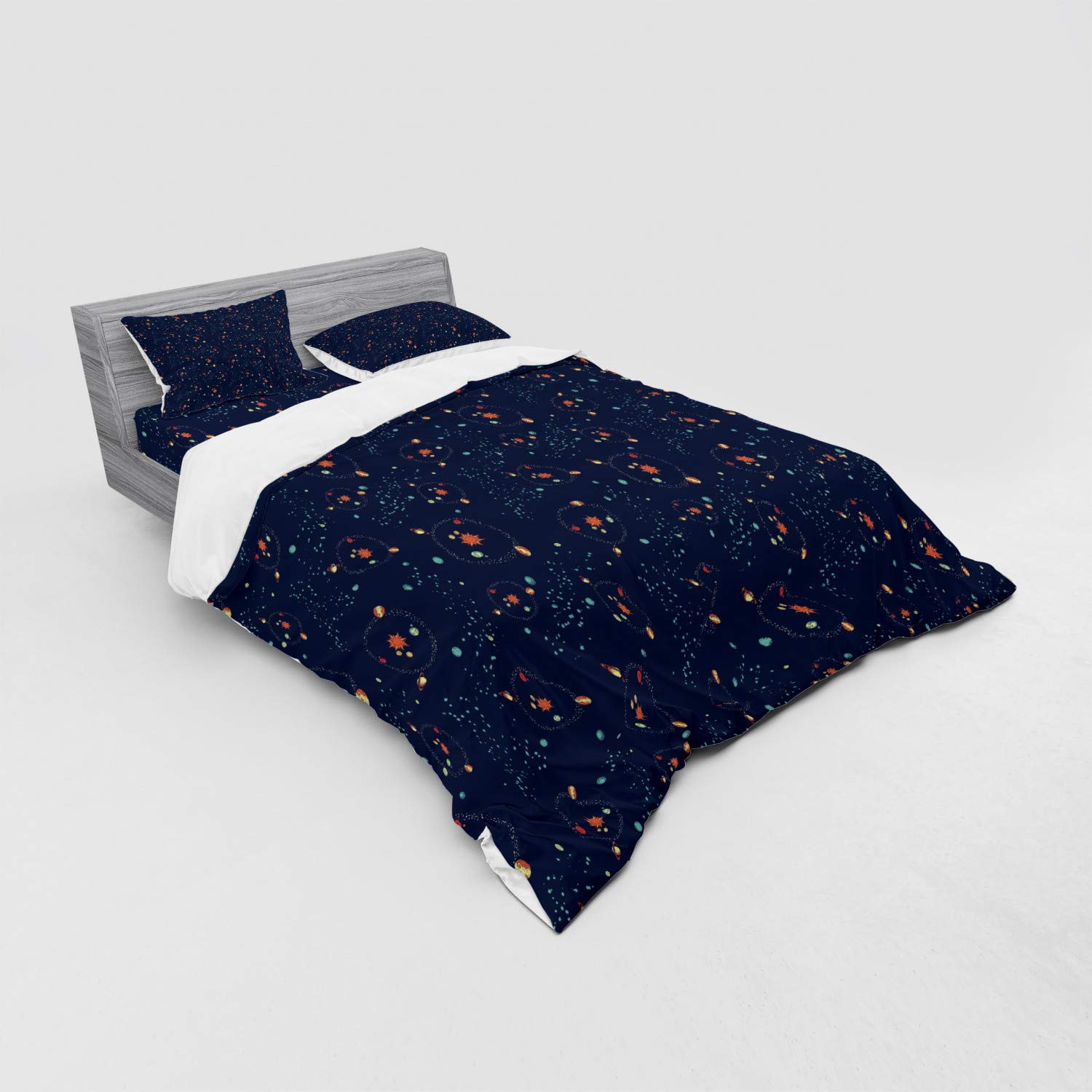 Ambesonne Astrology Bedding Set - Solar System Galaxy Print Duvet Cover 4 Piece Set with Shams & Fitted Sheet, Queen Size Dark Blue Orange Turquoise - Perfect for Astronomy Lovers' Bedroom Decor & Space Themed Rooms