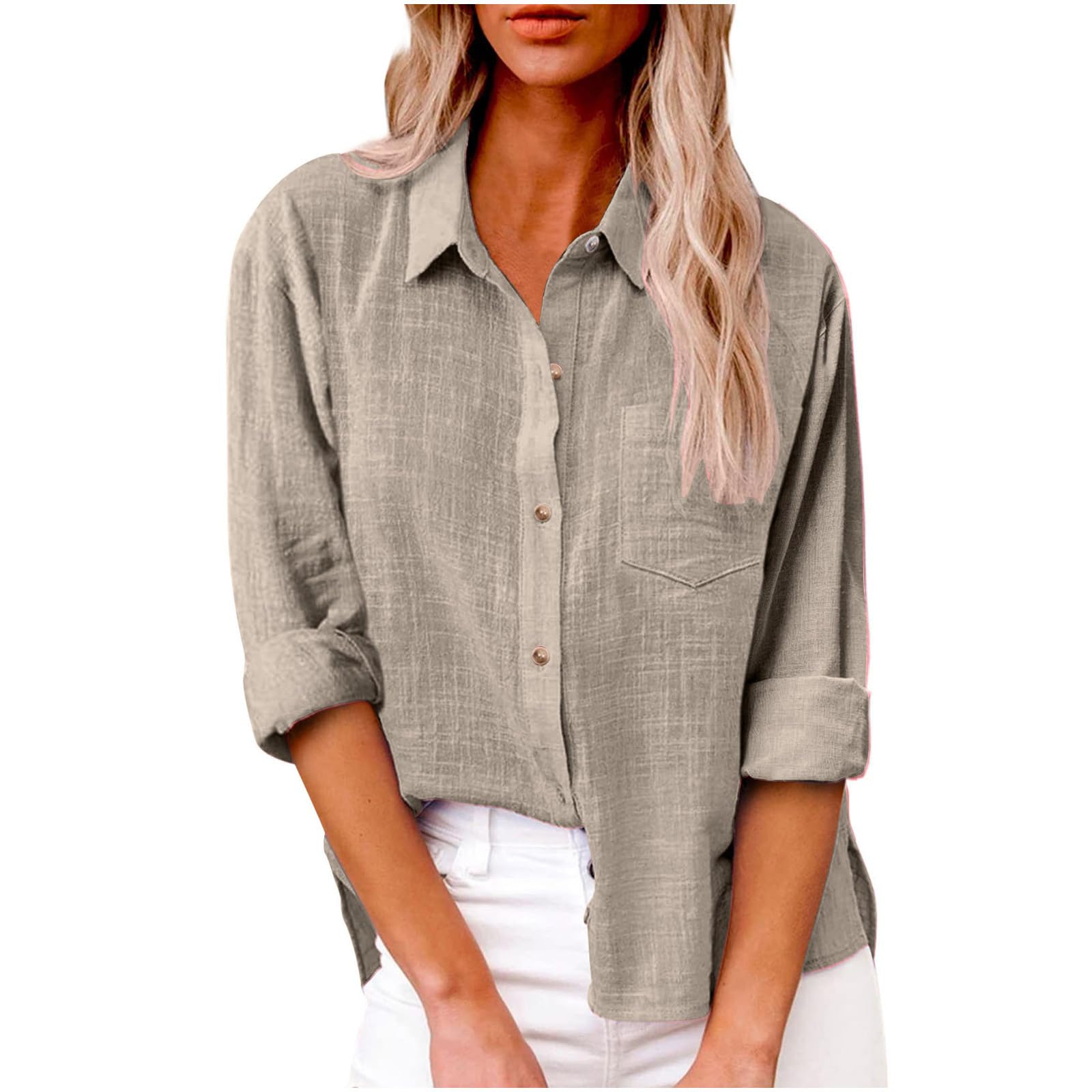 Women's Linen Long Sleeve Blouse - V Neck Button Down Shirt for Summer, Comfortable Business Casual Tops for Office Wear & Outdoor Activities