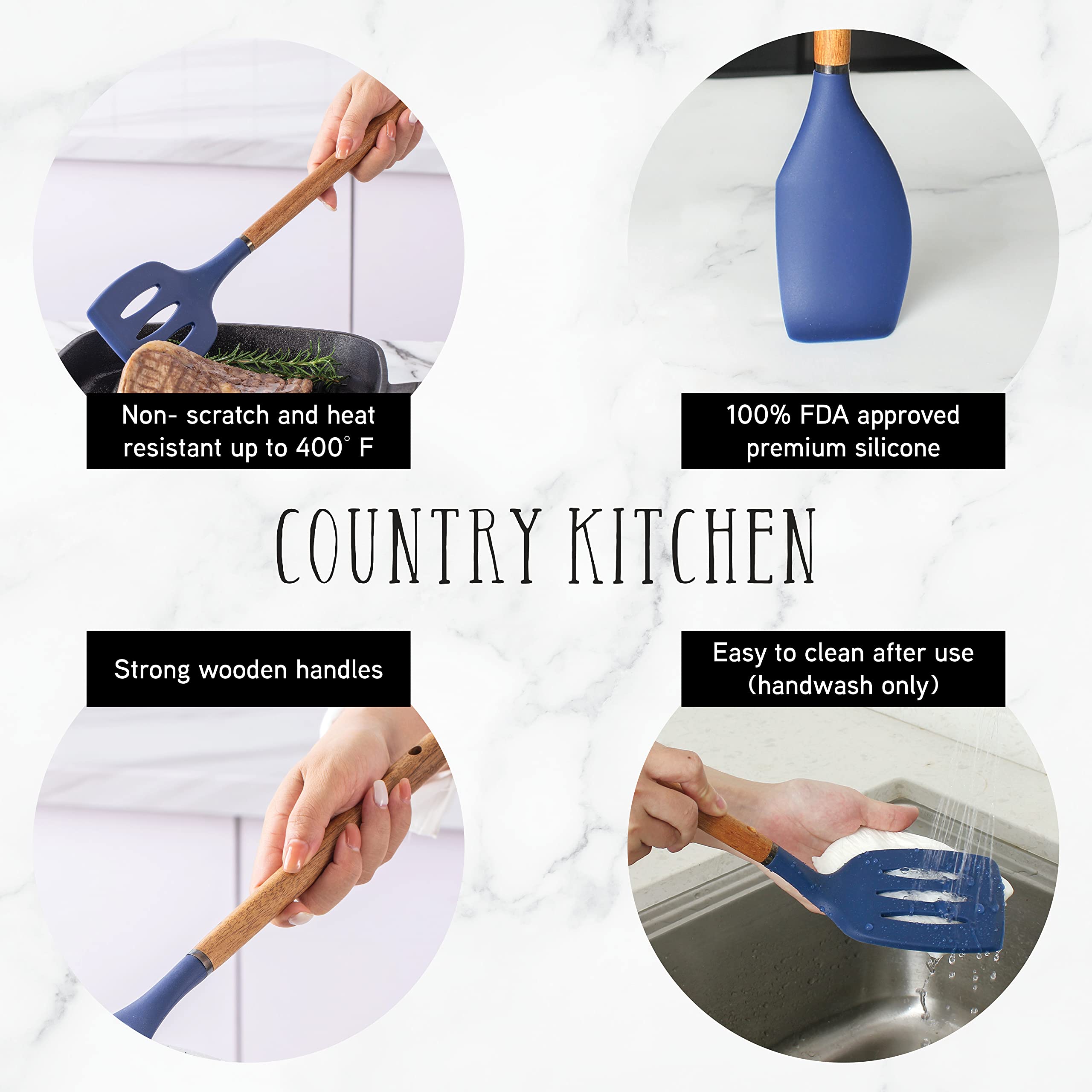 Non-Stick Silicone Cooking Utensil Set with Wooden Handles - 8-Piece Kitchen Tool Collection for Baking, Frying & Stirring (Navy Blue) - Perfect for Home Chefs & Holiday Cooking Gifts