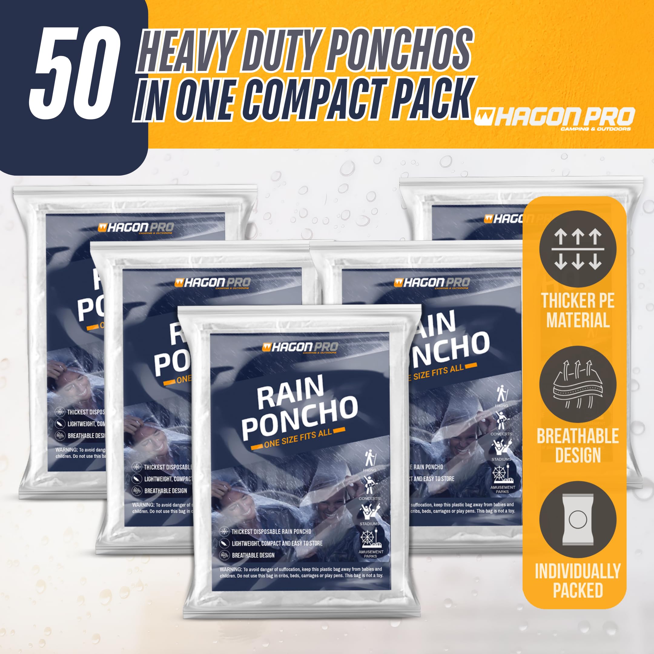 Hagon PRO Disposable Rain Poncho for Adults - 50 Pack Waterproof Emergency Rainwear for Outdoor Events, Camping, Hiking & Travel - Lightweight Reusable Rain Protection