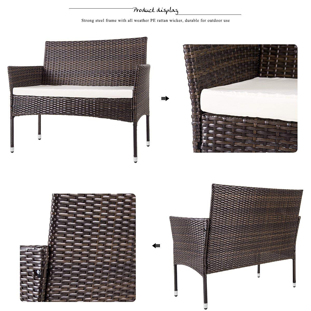 4-Piece Outdoor Patio Furniture Set - Rattan Wicker Sofa & Chairs with Cushions & Glass Table - Brown & Beige Garden Conversation Set for Backyard, Poolside, Deck or Terrace Relaxation