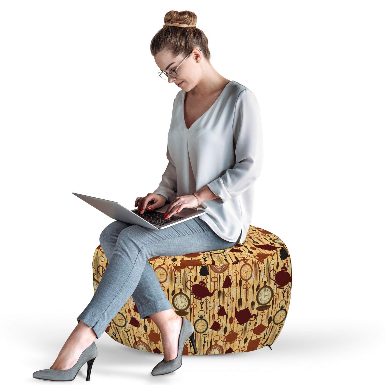 Ambesonne Victorian Style Tea Party Pouf Cover with Zipper - Brown Redwood Floral Print Decorative Fabric Unstuffed Case 30x17.3 Inch - Perfect for Living Room, Bedroom or Nursery Decor