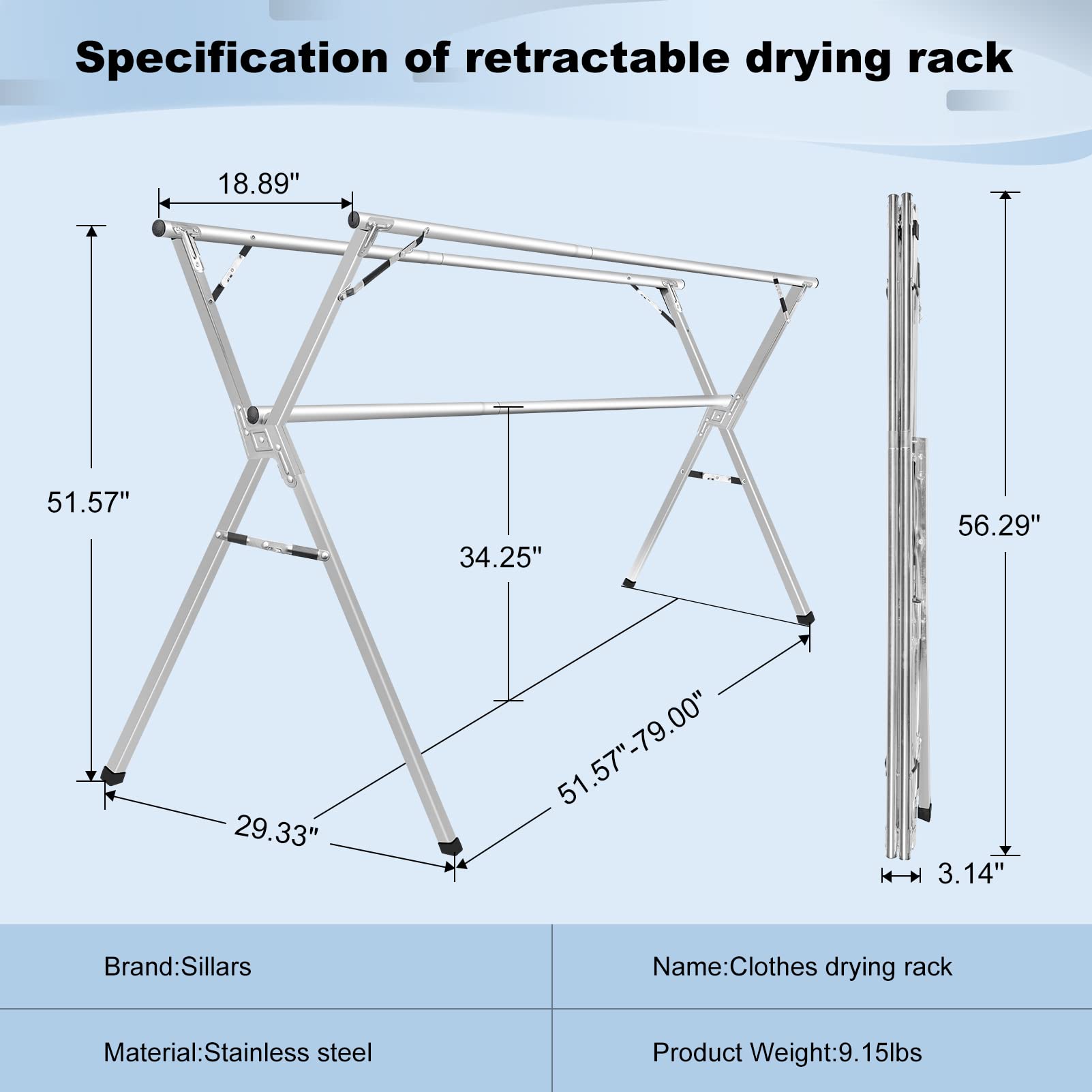 Stainless Steel Heavy Duty Foldable Clothes Drying Rack - 79 Inch Collapsible Laundry Rack with Windproof Hooks for Indoor & Outdoor Use - Perfect for Apartments, Balconies, and Small Spaces